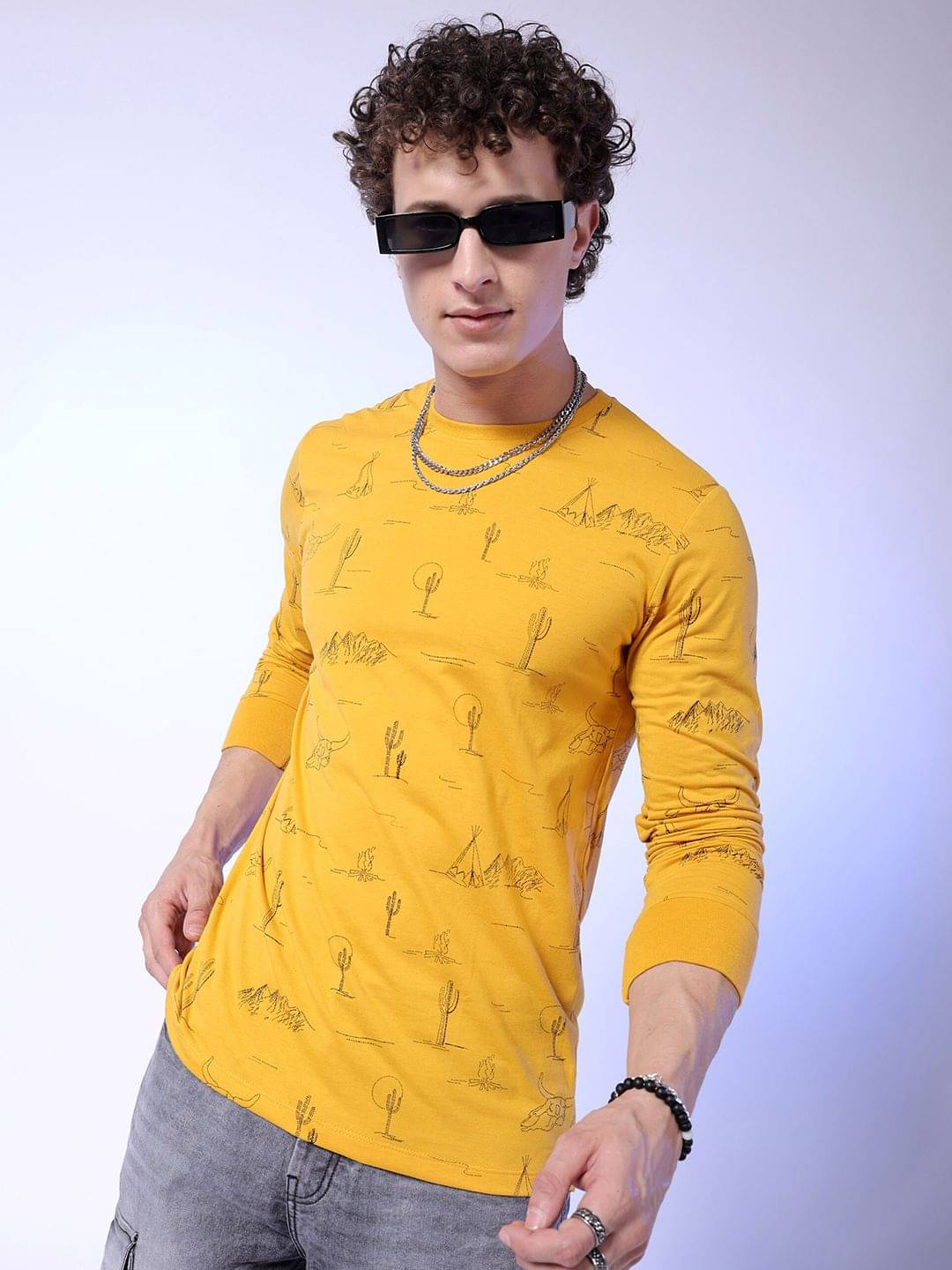 The Indian Garage Co. Cotton Blend Regular Fit Printed Full Sleeves Men's Round T-Shirt - Yellow ( Pack of 1 )     			The Indian Garage Co. Cotton Blend Regular Fit Printed Full Sleeves Men's Round T-Shirt - Yellow ( Pack of 1 )