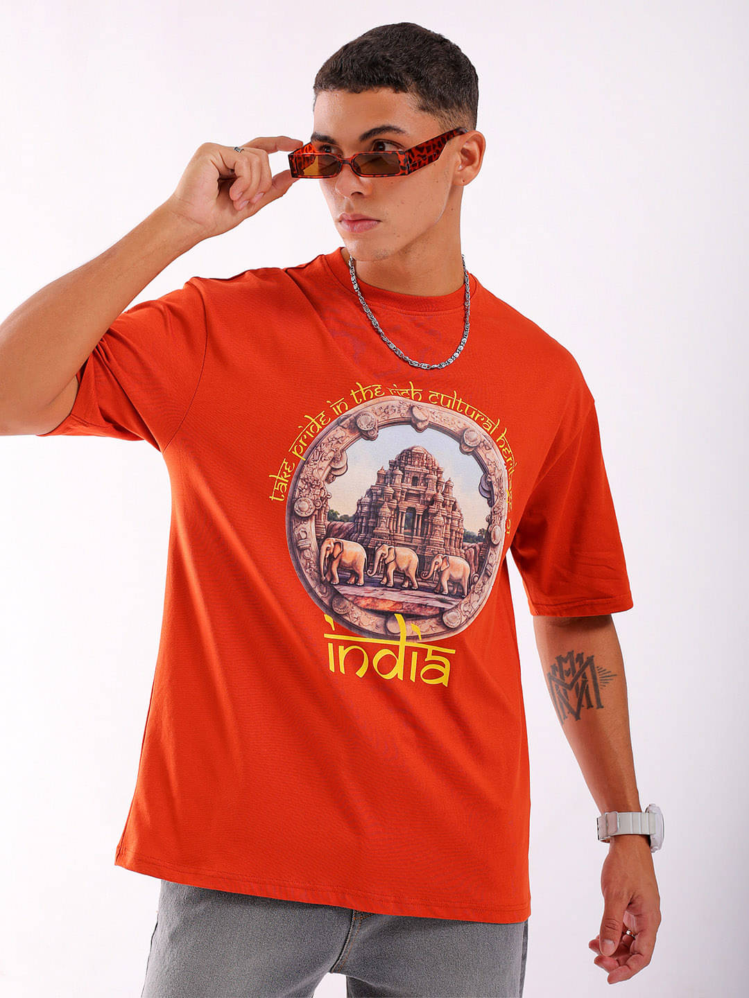     			The Indian Garage Co. Cotton Relaxed Fit Printed Half Sleeves Men's Round T-Shirt - Orange ( Pack of 1 )