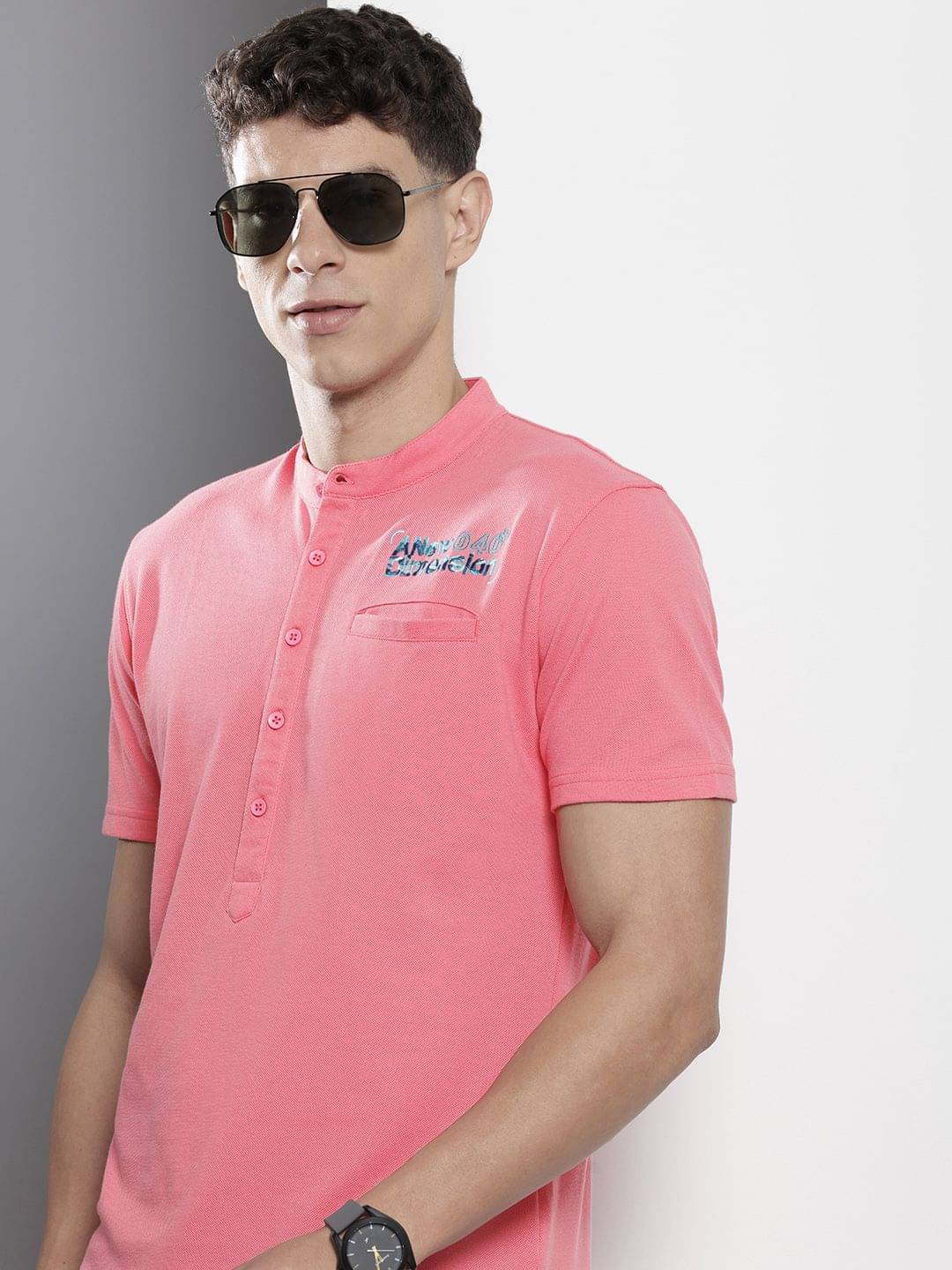     			The Indian Garage Co. Cotton Blend Regular Fit Printed Half Sleeves Men's Henley T-Shirt - Pink ( Pack of 1 )