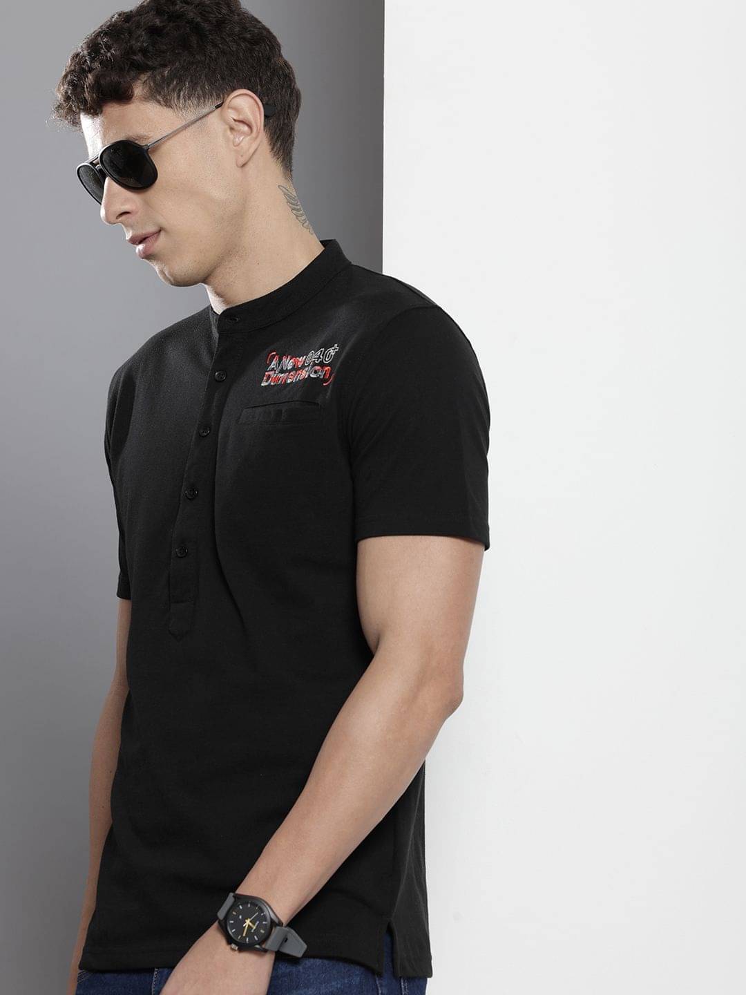 The Indian Garage Co. Cotton Blend Regular Fit Printed Half Sleeves Men's Henley T-Shirt - Black ( Pack of 1 )     			The Indian Garage Co. Cotton Blend Regular Fit Printed Half Sleeves Men's Henley T-Shirt - Black ( Pack of 1 )