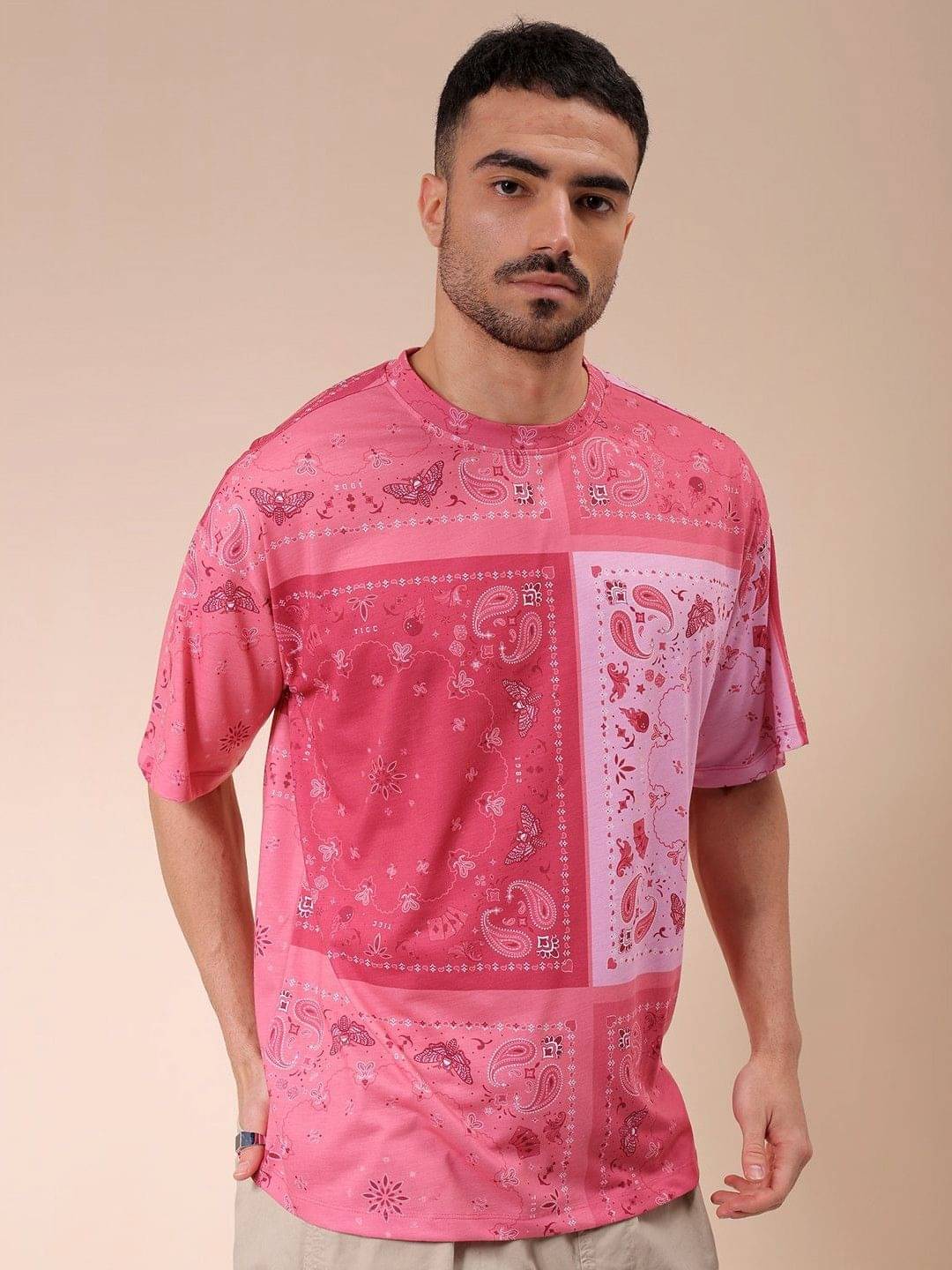 The Indian Garage Co. Polyester Oversized Fit Printed Half Sleeves Men's Round T-Shirt - Pink ( Pack of 1 )     			The Indian Garage Co. Polyester Oversized Fit Printed Half Sleeves Men's Round T-Shirt - Pink ( Pack of 1 )