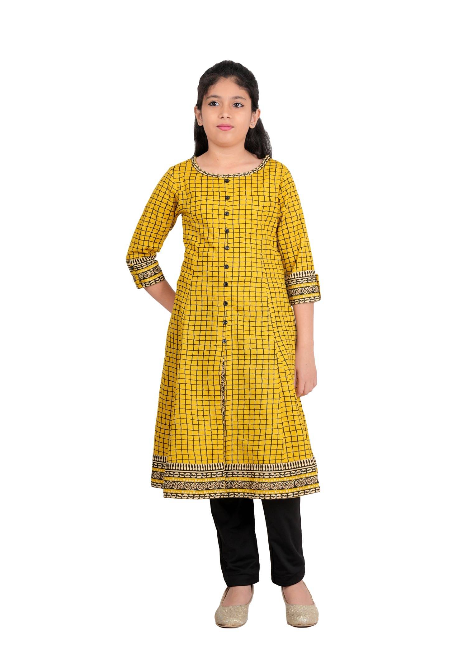     			Yash Gallery Cotton Fit And Flare Dress For Girls ( Pack of 1 , Yellow )