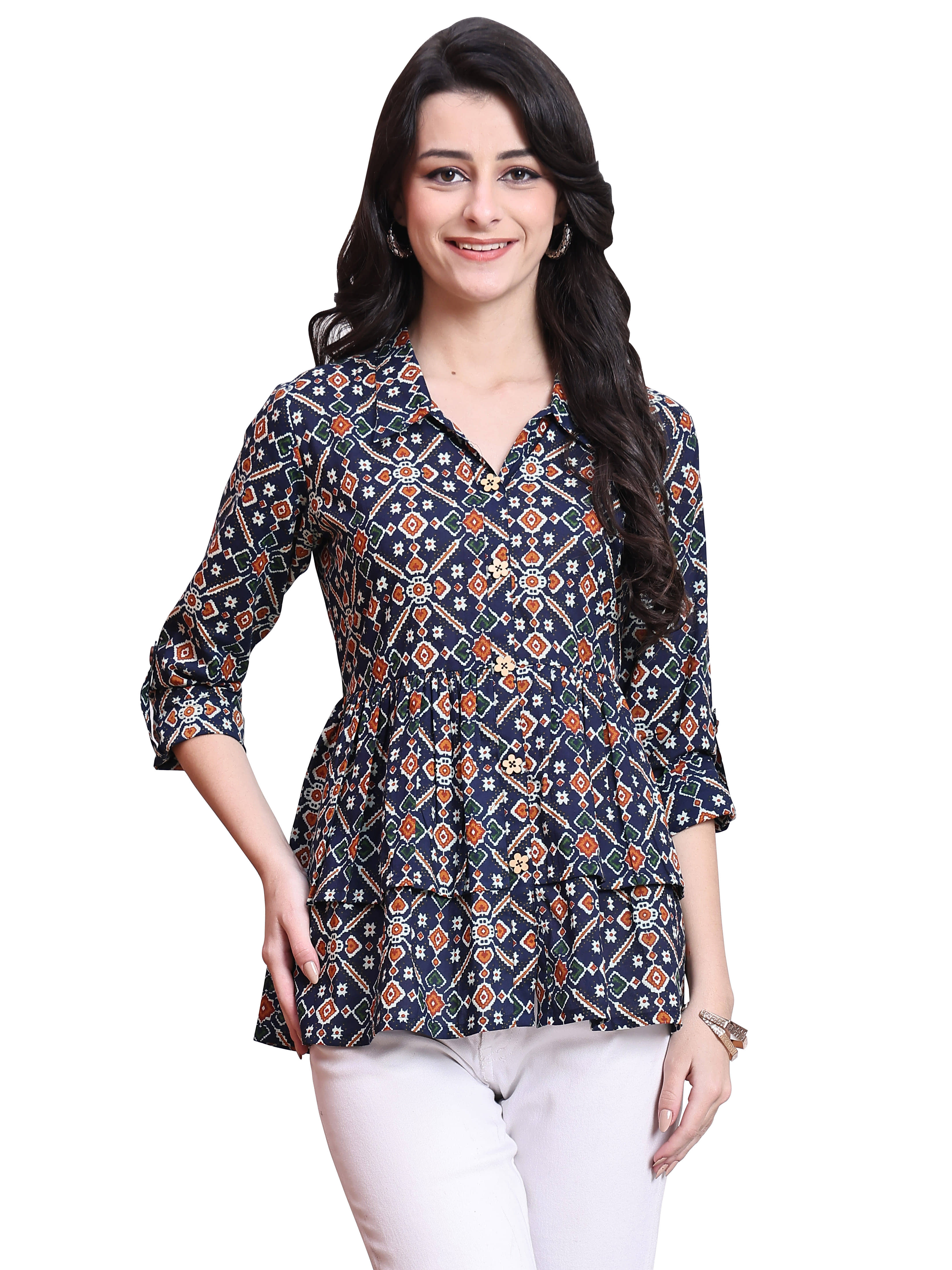 wonder weave Women's Cotton Regular Top ( Navy Blue )