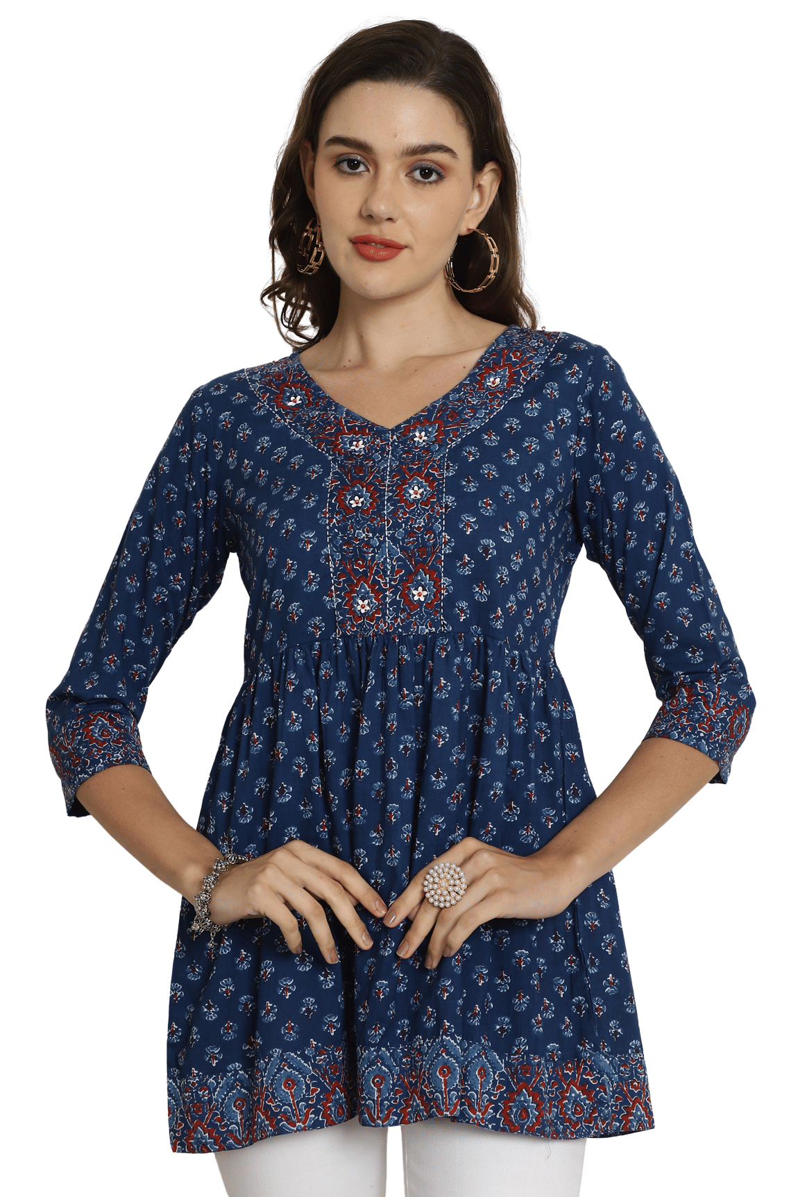 wonder weave Pack of 1 Cotton Printed A-line Women's Kurti - ( Blue )     			wonder weave Pack of 1 Cotton Printed A-line Women's Kurti - ( Blue )