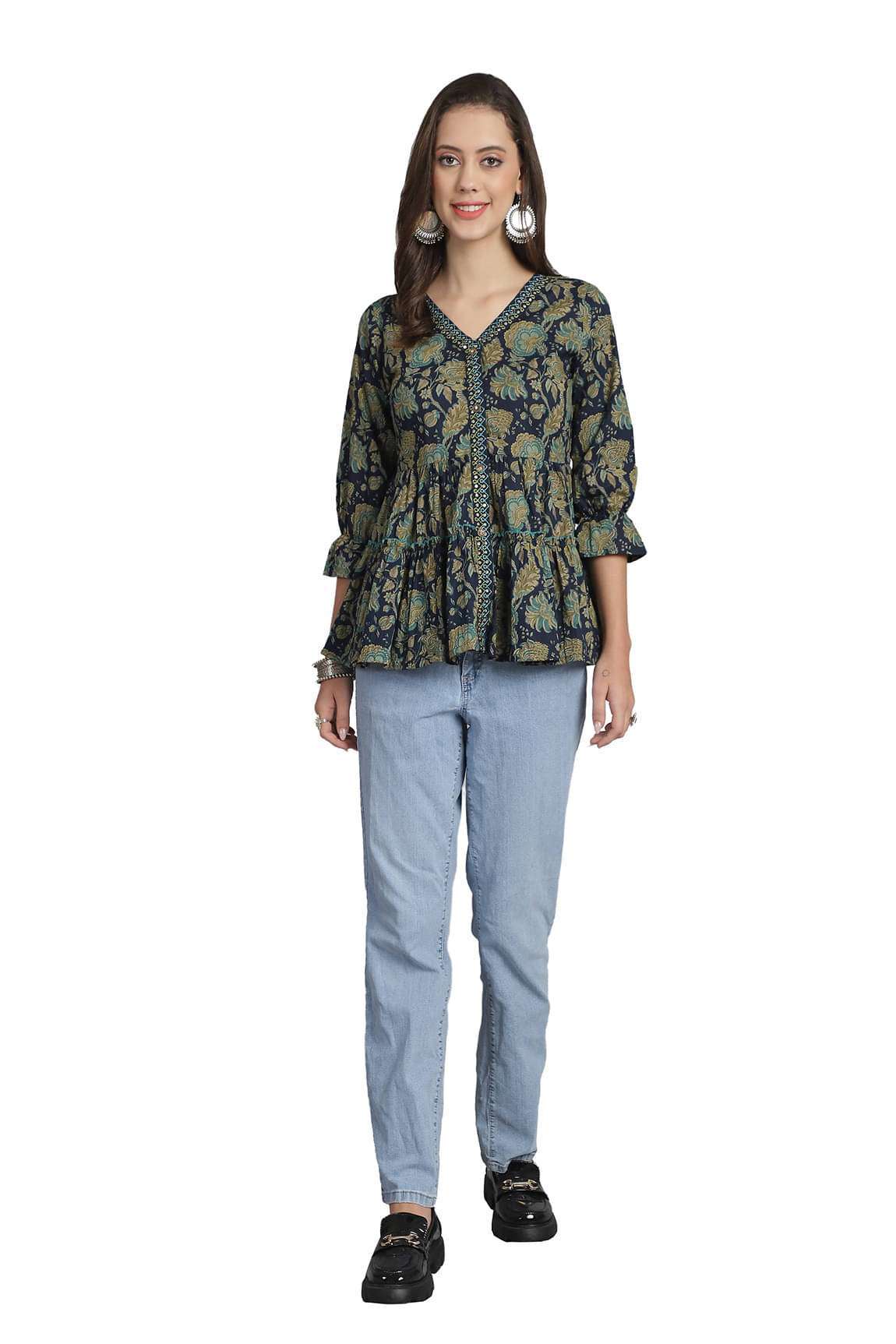 wonder weave Pack of 1 Cotton Printed A-line Women's Kurti - ( Navy Blue ) wonder weave Pack of 1 Cotton Printed A-line Women's Kurti - ( Navy Blue )
