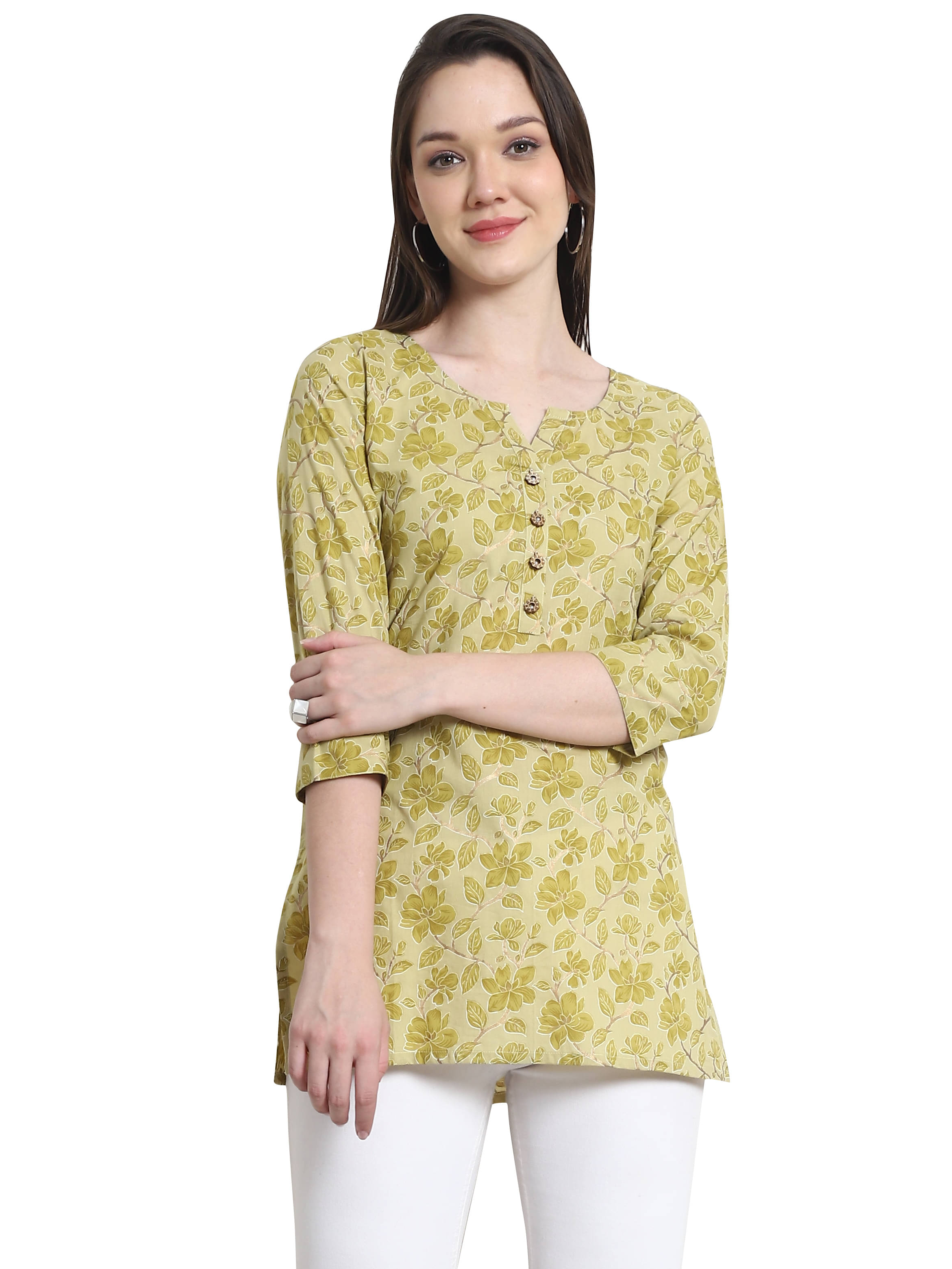 wonder weave Pack of 1 Cotton Printed Straight Women's Kurti - ( Yellow ) wonder weave Pack of 1 Cotton Printed Straight Women's Kurti - ( Yellow )