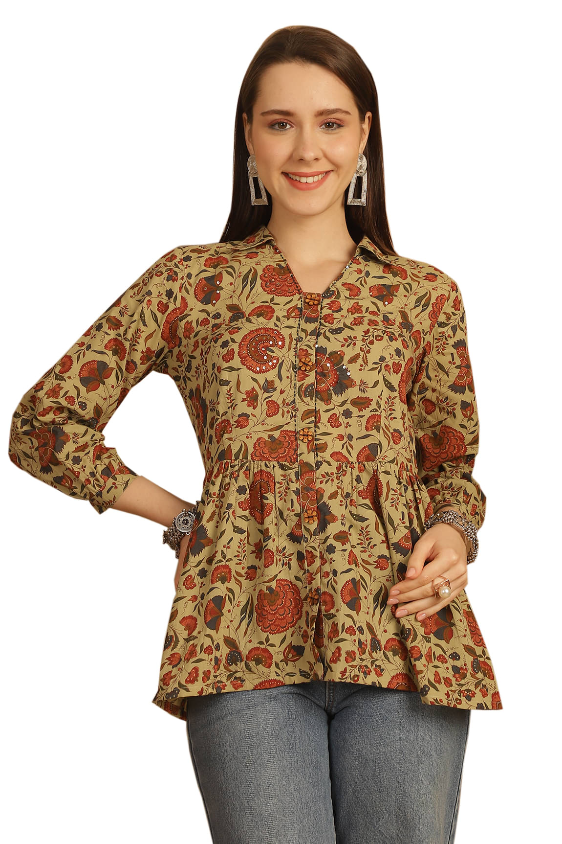     			wonder weave Pack of 1 Cotton Printed A-line Women's Kurti - ( Beige )