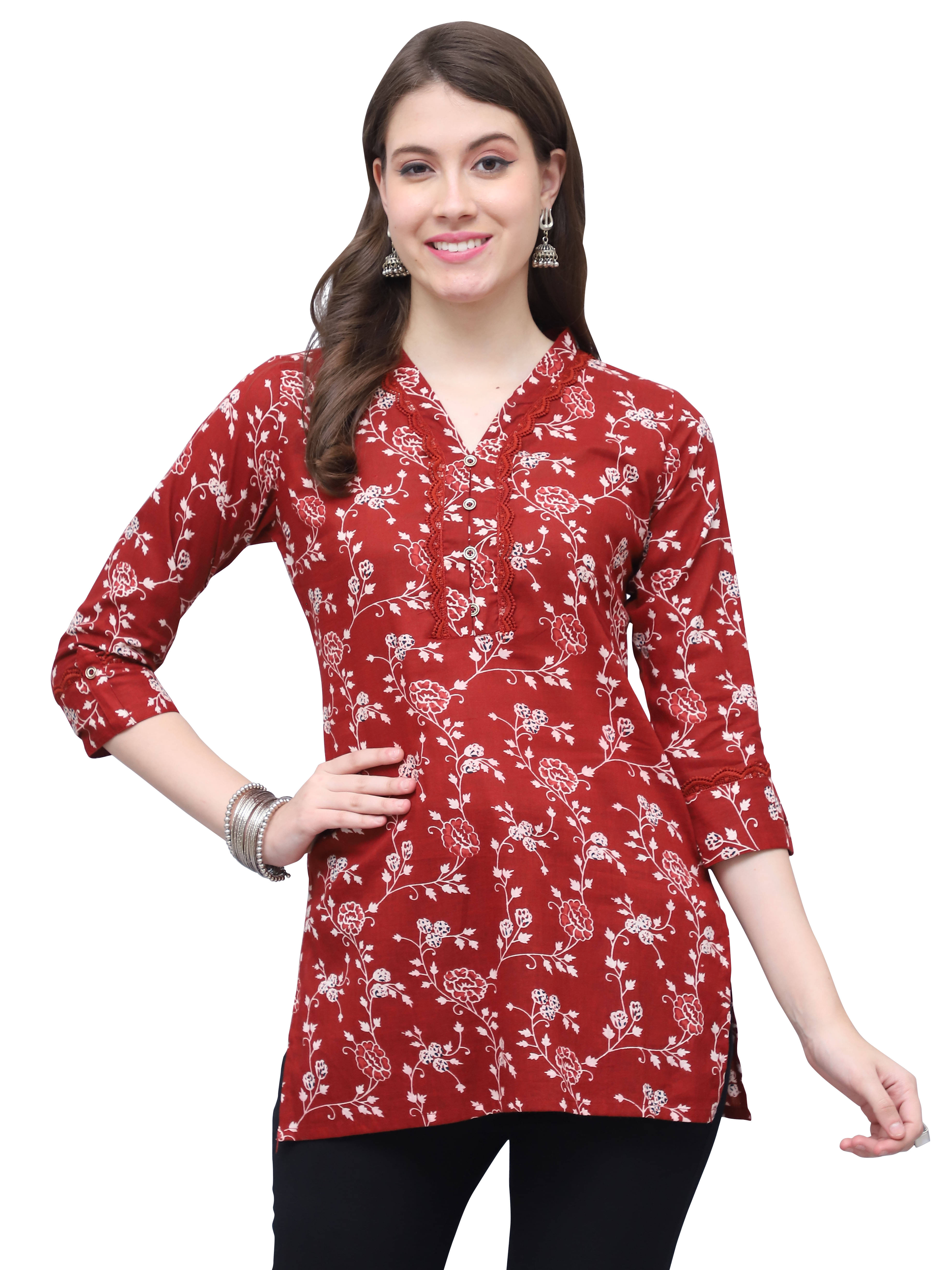 wonder weave Pack of 1 Cotton Printed Straight Women's Kurti - ( Maroon ) wonder weave Pack of 1 Cotton Printed Straight Women's Kurti - ( Maroon )