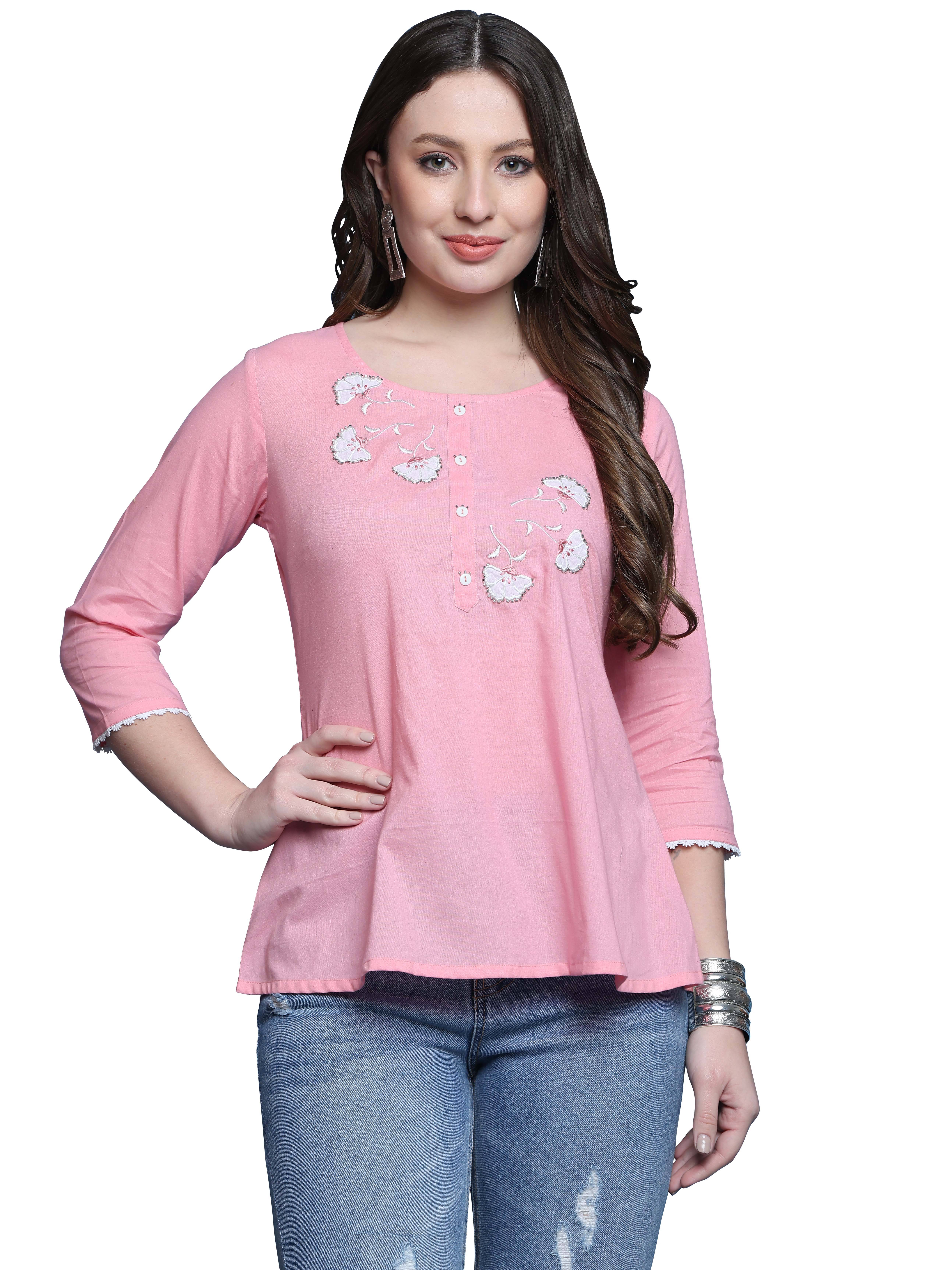     			wonder weave Pack of 1 Cotton Applique A-line Women's Kurti - ( Pink )