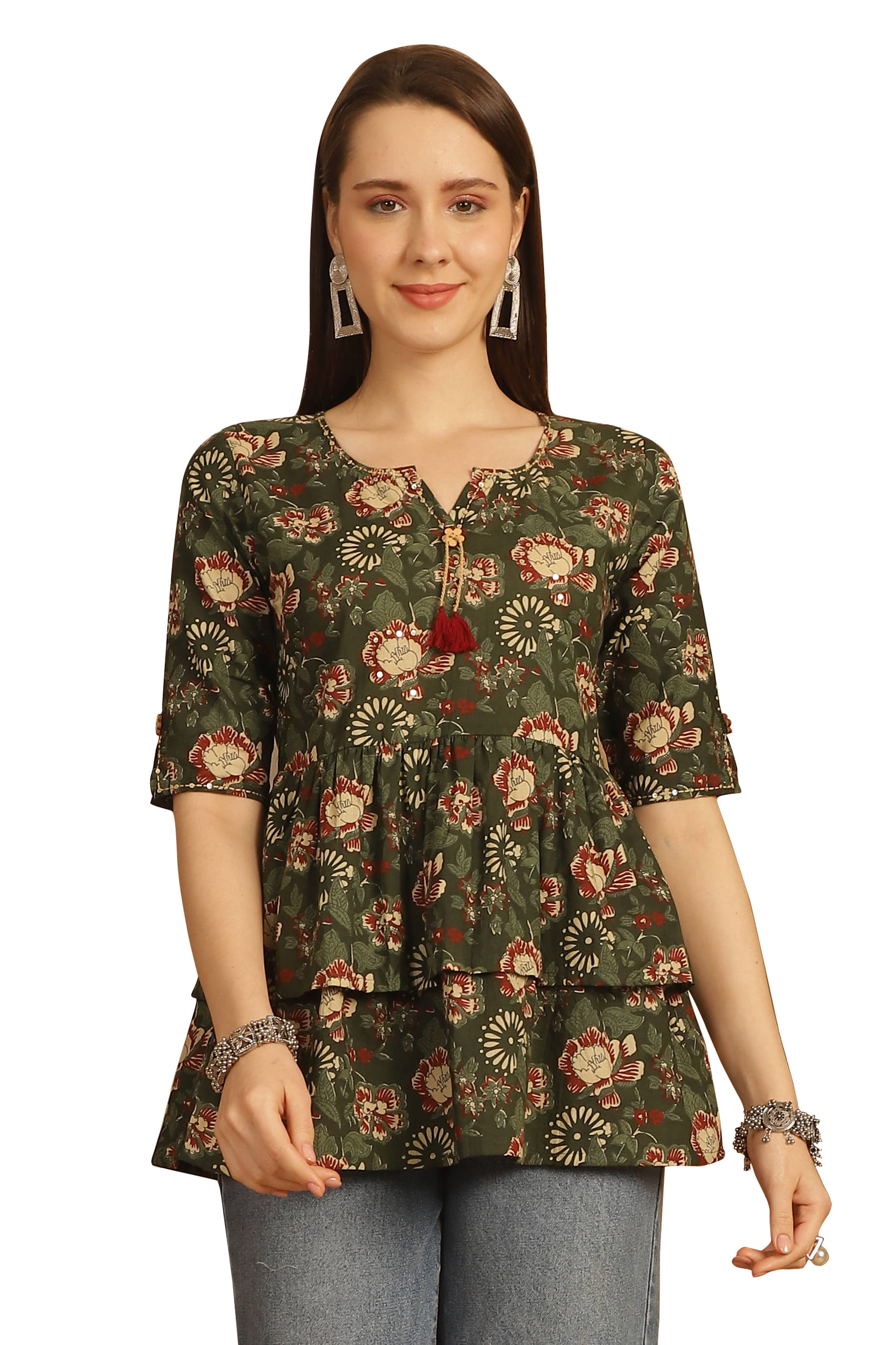     			wonder weave Pack of 1 Cotton Printed A-line Women's Kurti - ( Green )