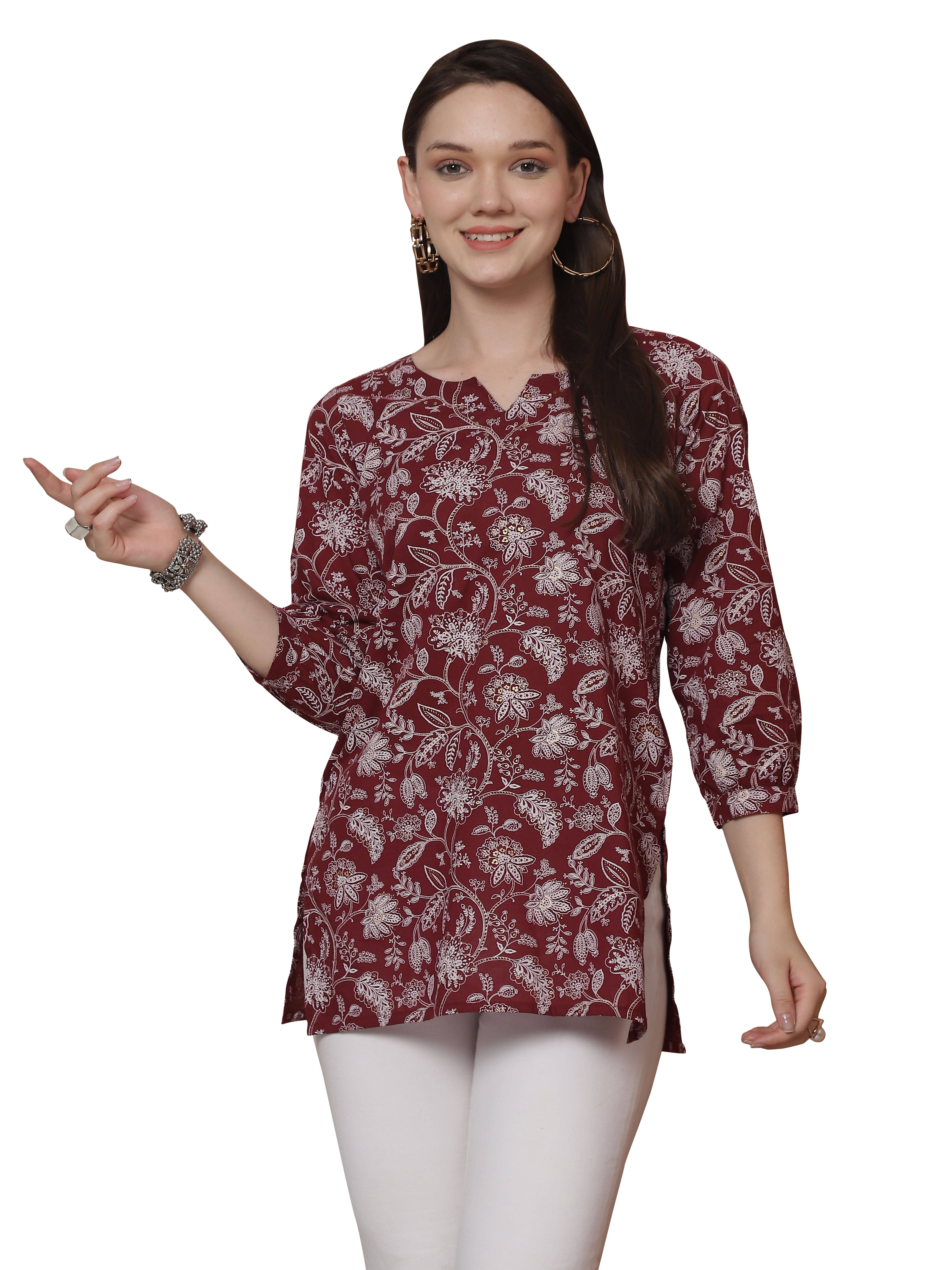 wonder weave Pack of 1 Cotton Printed Straight Women's Kurti - ( Maroon )     			wonder weave Pack of 1 Cotton Printed Straight Women's Kurti - ( Maroon )