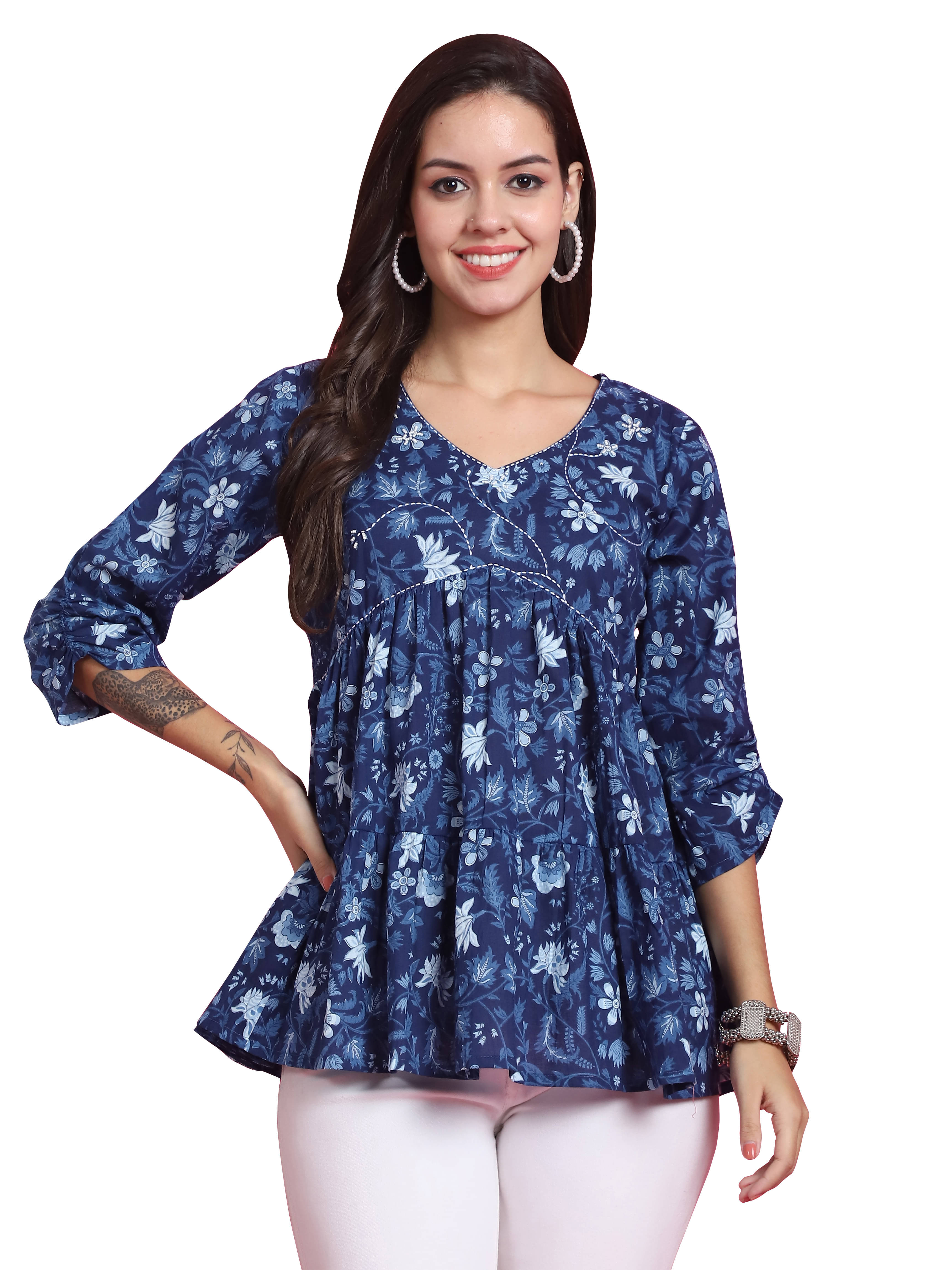 wonder weave Pack of 1 Cotton Printed A-line Women's Kurti - ( Blue ) wonder weave Pack of 1 Cotton Printed A-line Women's Kurti - ( Blue )