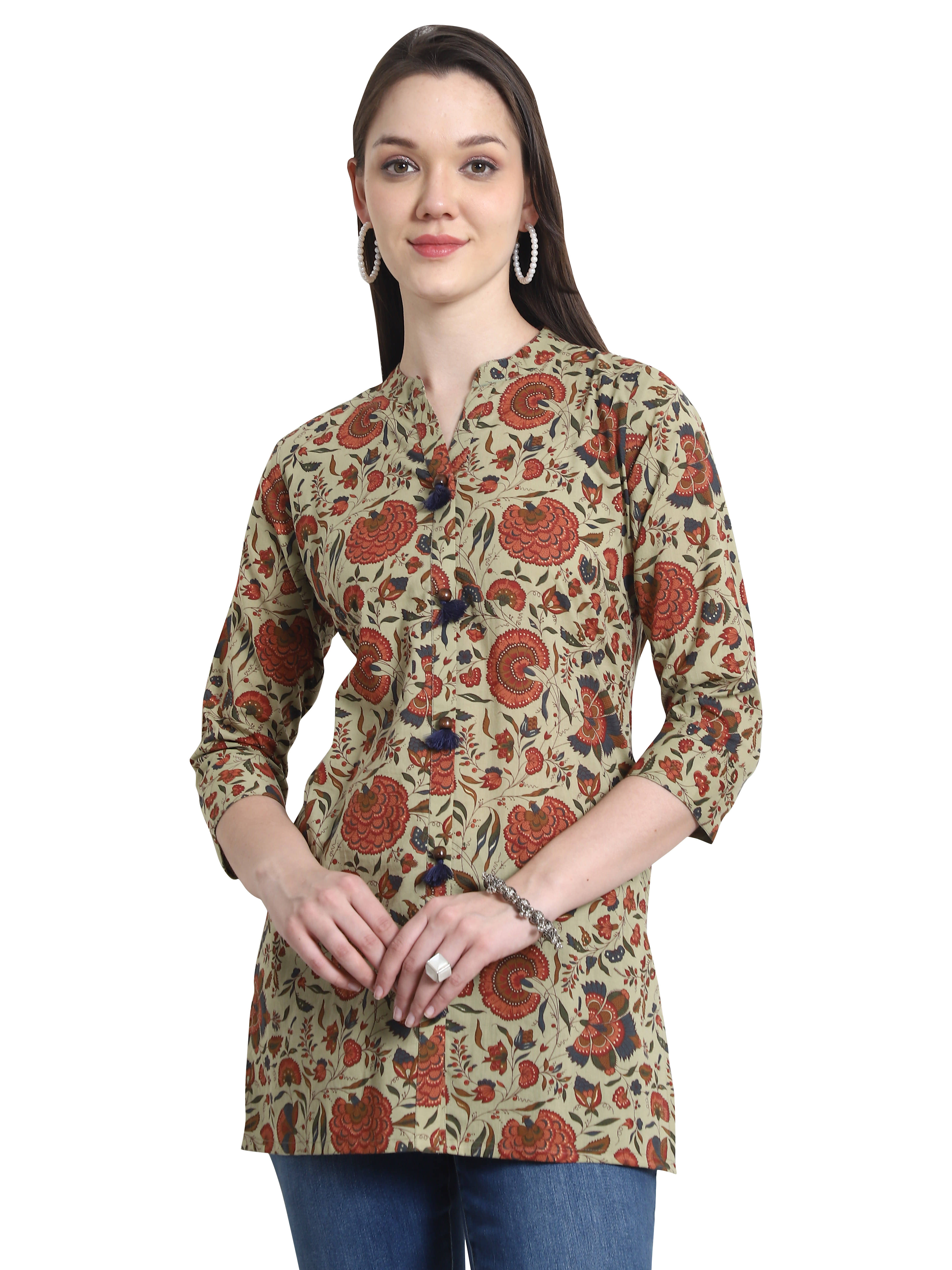     			wonder weave Pack of 1 Cotton Printed Straight Women's Kurti - ( Beige )