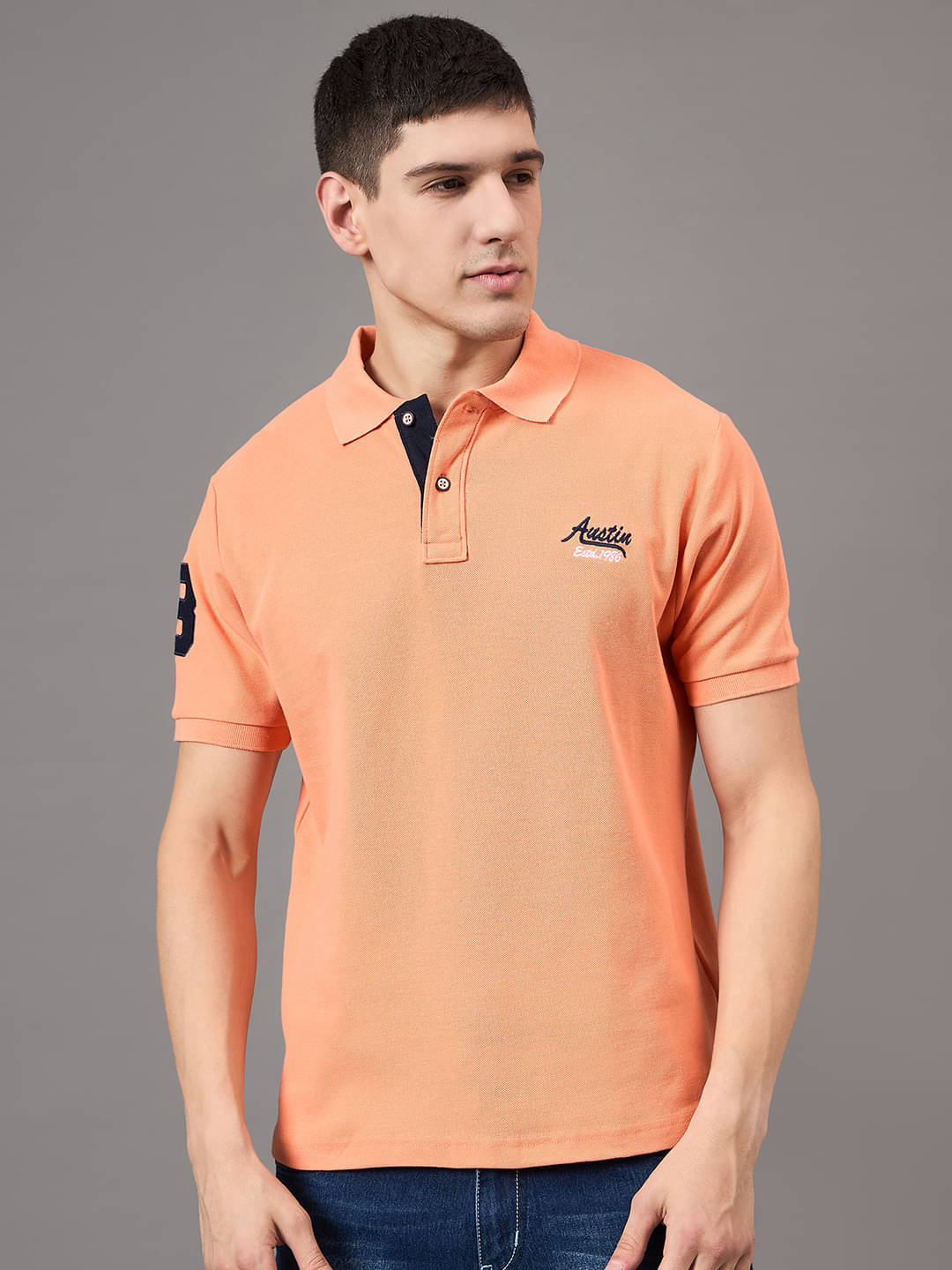 AUSTIN WOOD Pack of 1 Cotton Blend Regular Fit Solid Half Sleeves Men's Polo T Shirt ( Peach ) AUSTIN WOOD Pack of 1 Cotton Blend Regular Fit Solid Half Sleeves Men's Polo T Shirt ( Peach )