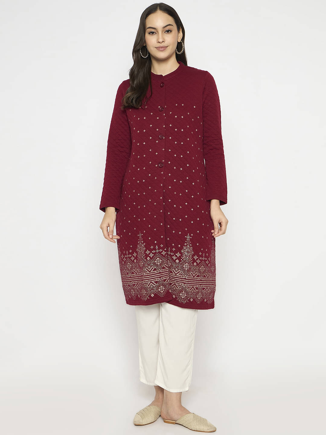 VIAZAA Pack of 1 Acrylic Printed A-line Women's Kurti - ( Maroon ) VIAZAA Pack of 1 Acrylic Printed A-line Women's Kurti - ( Maroon )