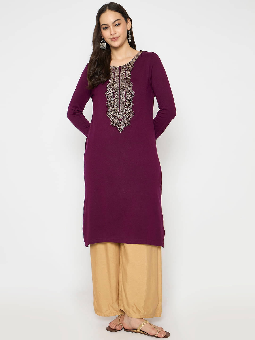     			VIAZAA Pack of 1 Acrylic Embroidered Straight Women's Kurti - ( Wine )
