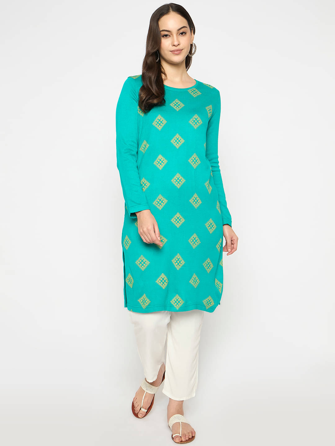     			VIAZAA Pack of 1 Acrylic Printed Straight Women's Kurti - ( Turquoise )