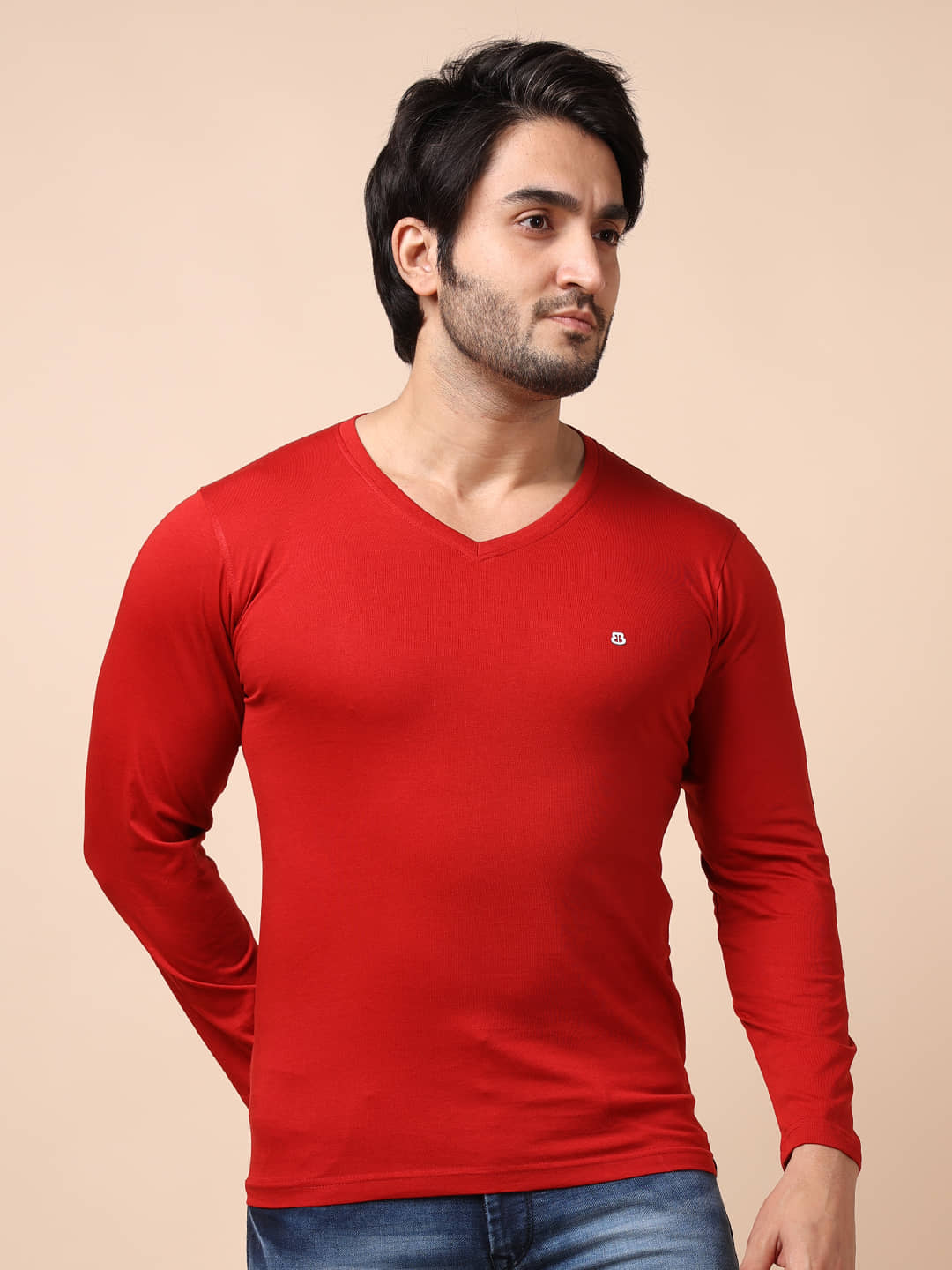 BERRYBLUES 100% Cotton Regular Fit Solid Full Sleeves Men's V-Neck T-Shirt - Red ( Pack of 1 )