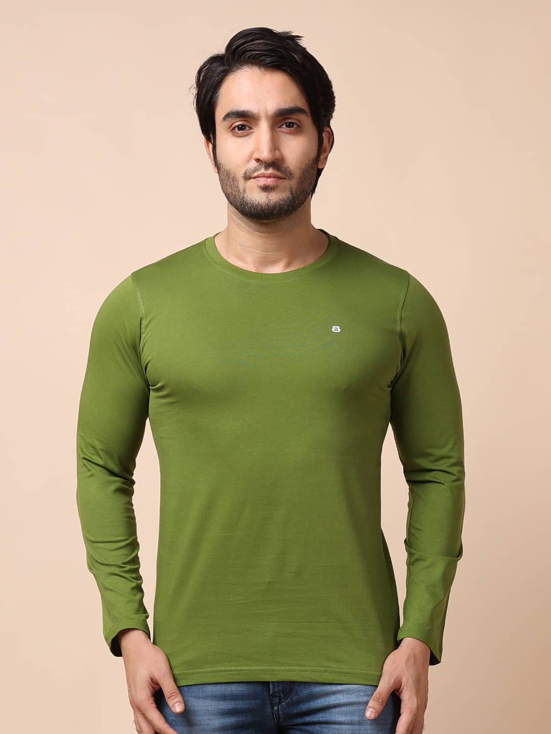     			BERRYBLUES 100% Cotton Regular Fit Solid Full Sleeves Men's Round T-Shirt - Olive ( Pack of 1 )