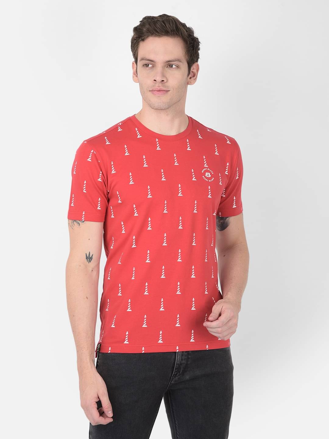 BERRYBLUES Cotton Blend Regular Fit Printed Half Sleeves Men's Round T-Shirt - Red ( Pack of 1 ) BERRYBLUES Cotton Blend Regular Fit Printed Half Sleeves Men's Round T-Shirt - Red ( Pack of 1 )