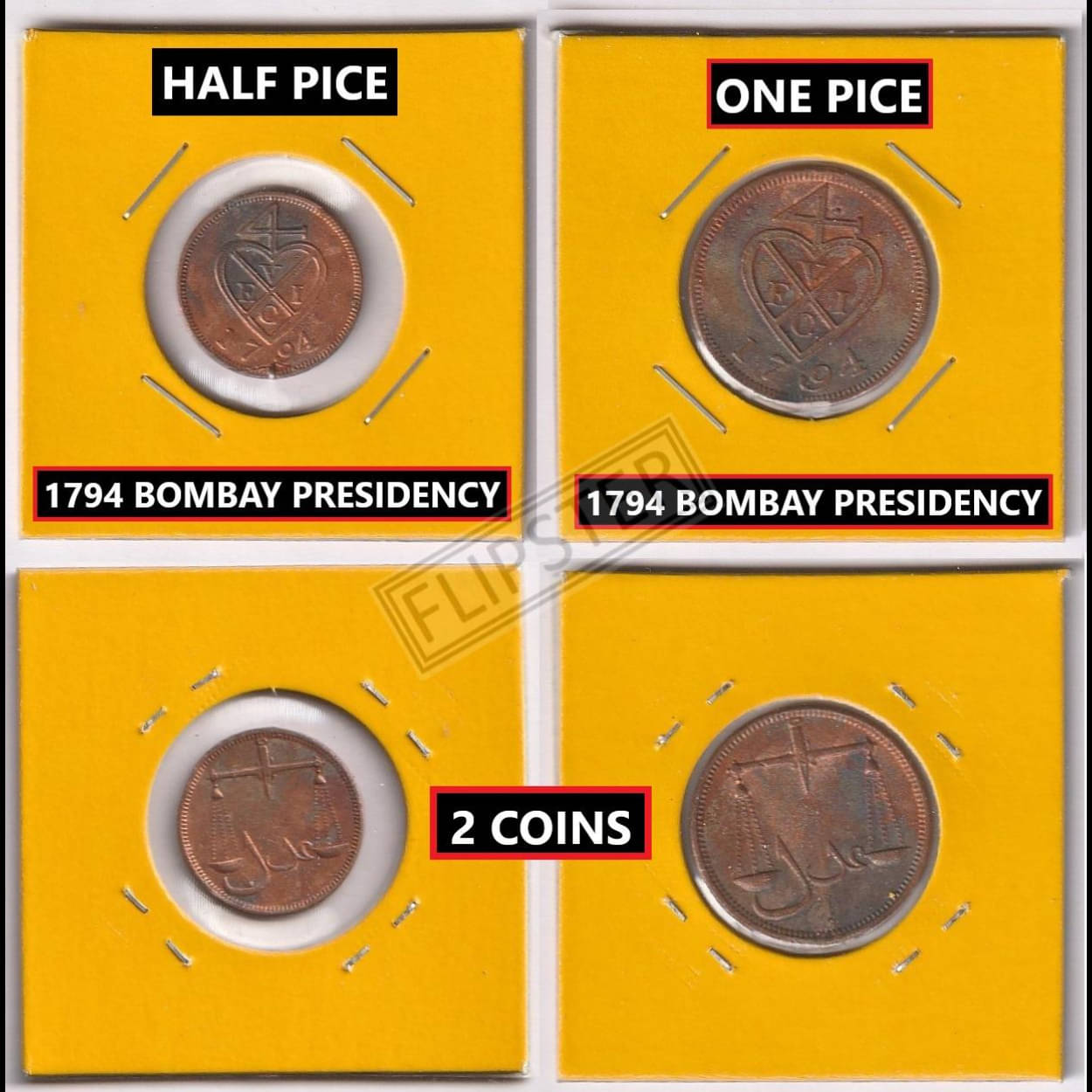 **Extremely Rare 2 Coins** Half & One Pice 1794, Bombay Presidency old 2 Coins Collection **Extremely Rare 2 Coins** Half & One Pice 1794, Bombay Presidency old 2 Coins Collection