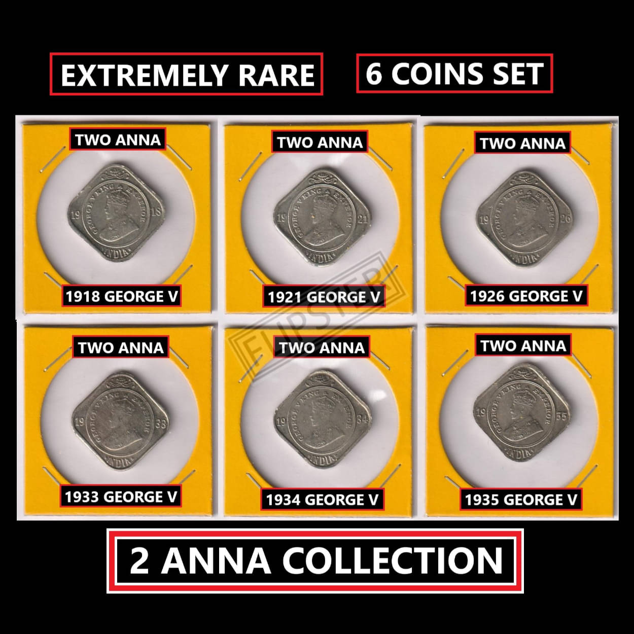 **Extremely Rare 6 Coins** 2 Anna 1918-1935, King George 5th - British India old 6 Copper Coins Collection **Extremely Rare 6 Coins** 2 Anna 1918-1935, King George 5th - British India old 6 Copper Coins Collection