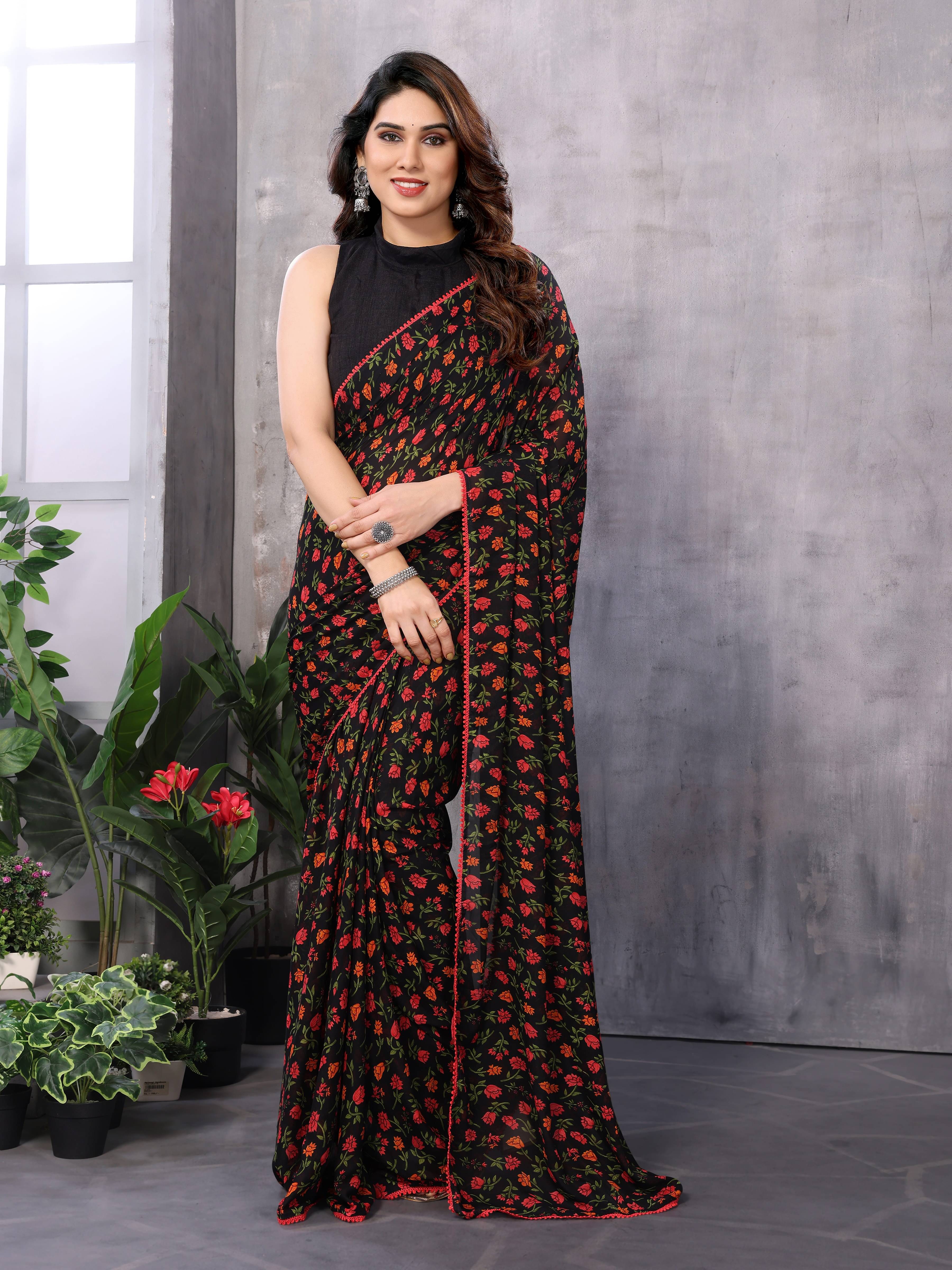 Fashionfricks Georgette Self Design Saree With Unstitched Blouse Piece ( Black ) Fashionfricks Georgette Self Design Saree With Unstitched Blouse Piece ( Black )