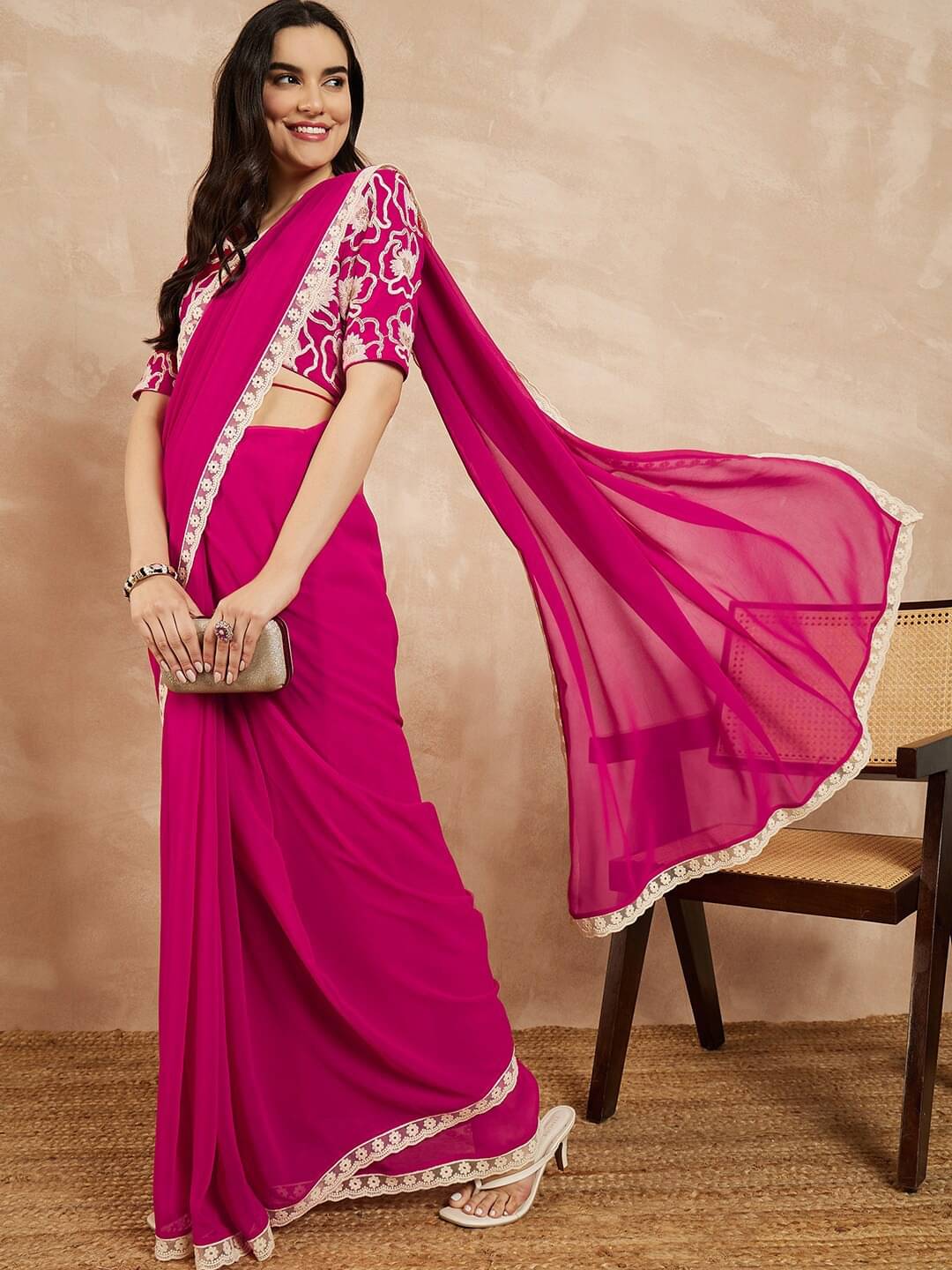 Fashionfricks Georgette Self Design Saree With Unstitched Blouse Piece ( Pink ) Fashionfricks Georgette Self Design Saree With Unstitched Blouse Piece ( Pink )