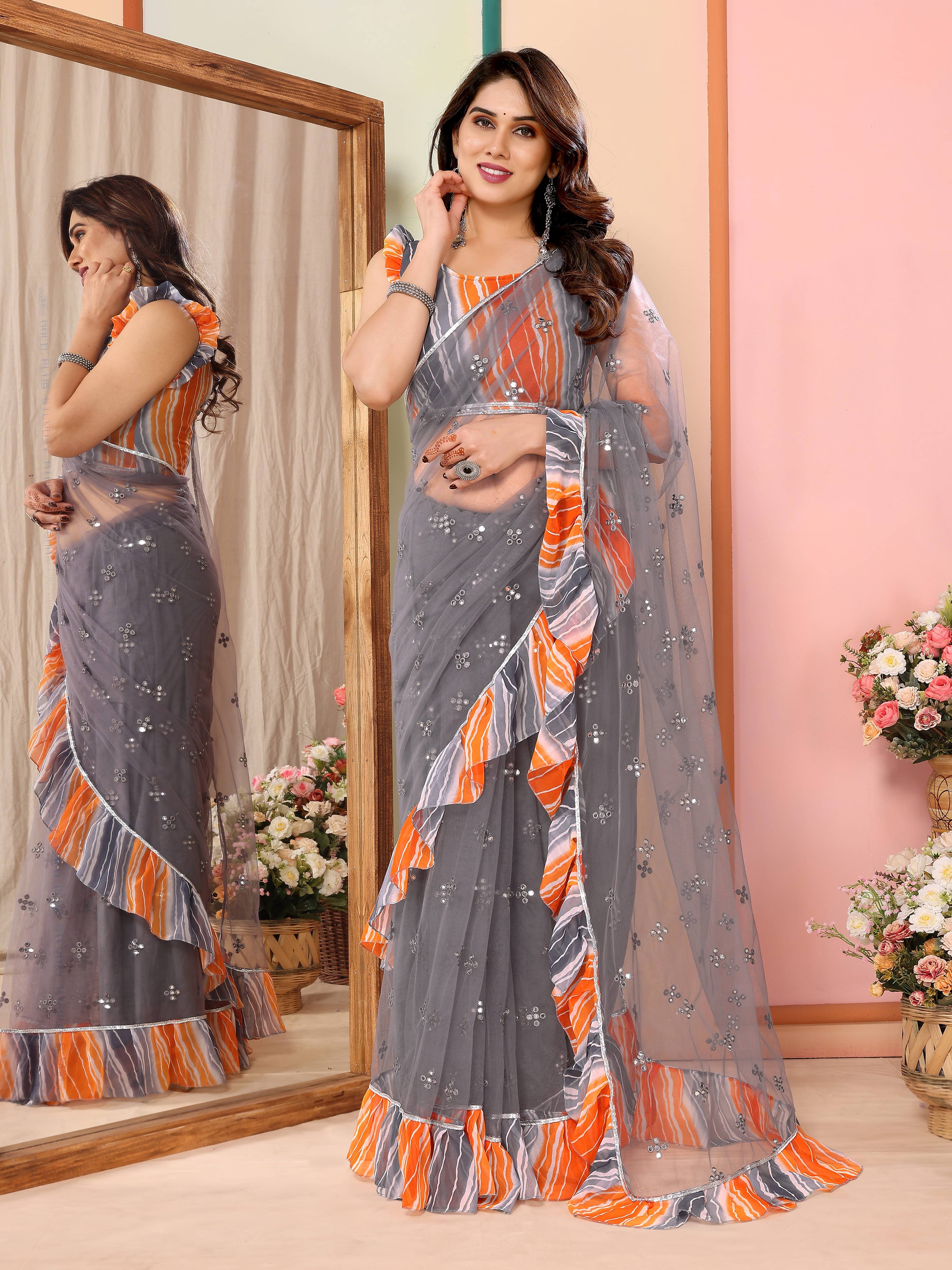 Fashionfricks Net Embellished Saree With Unstitched Blouse Piece ( Grey ) Fashionfricks Net Embellished Saree With Unstitched Blouse Piece ( Grey )