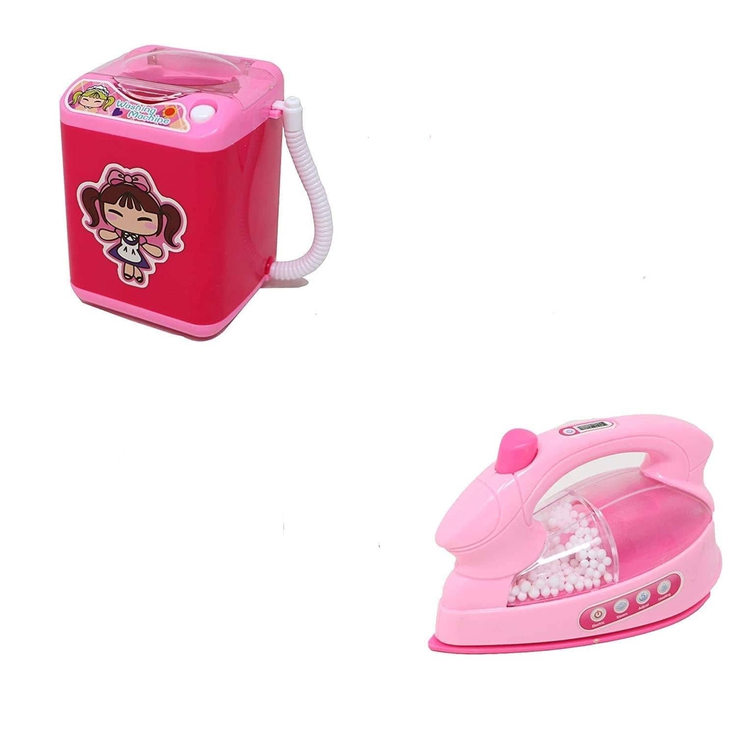 House Hold Set of 2 PCS for Girls Toy Battery Operated Plastic Home Play with Realistic Sound Working Iron Toy Vaccum Cleaning Washing Machine Toy (Multicolor)