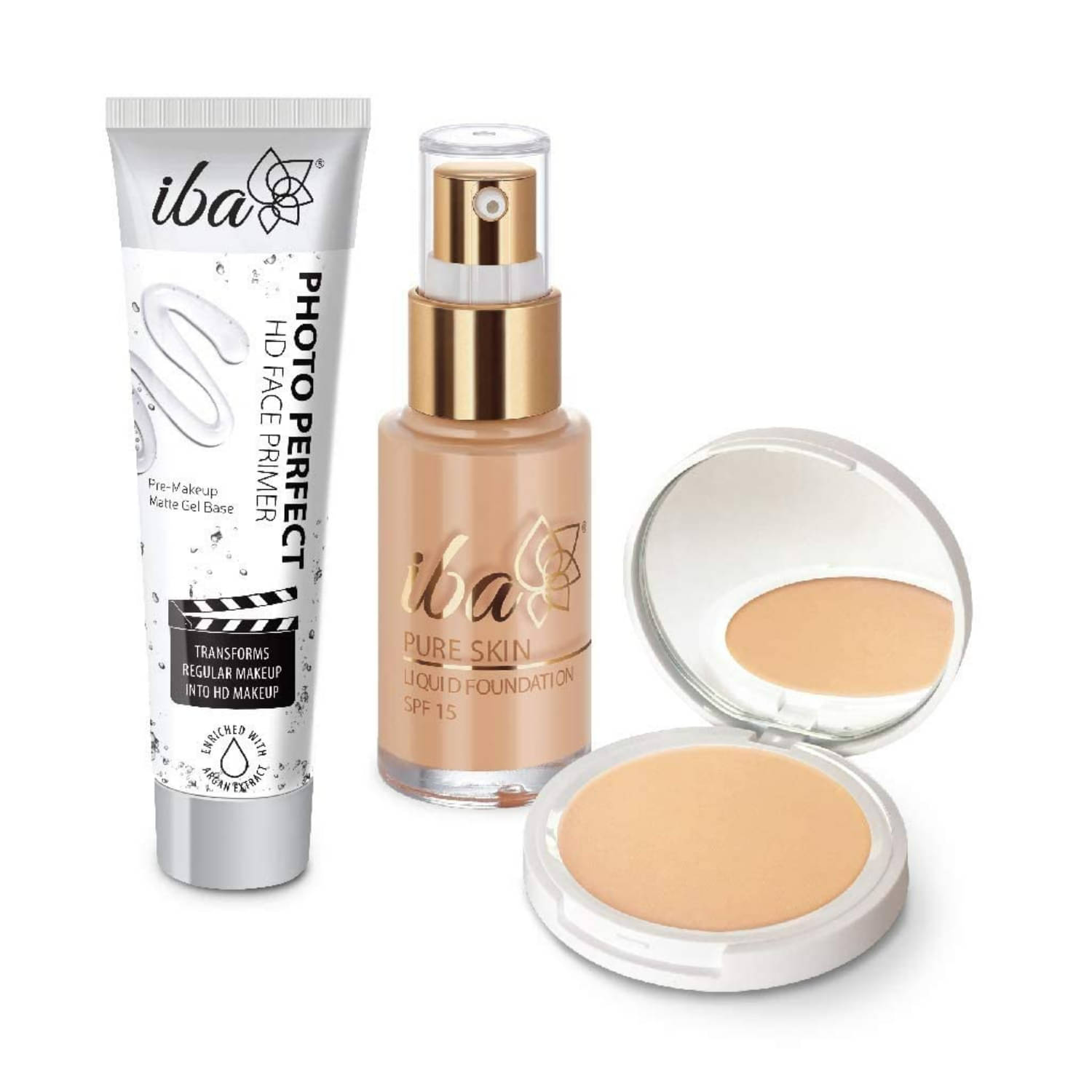    			Iba Primer, Foundation ,Compact Combo Golden Beige, Long Lasting, Full Coverage Base Makeup, (Pack of 3)