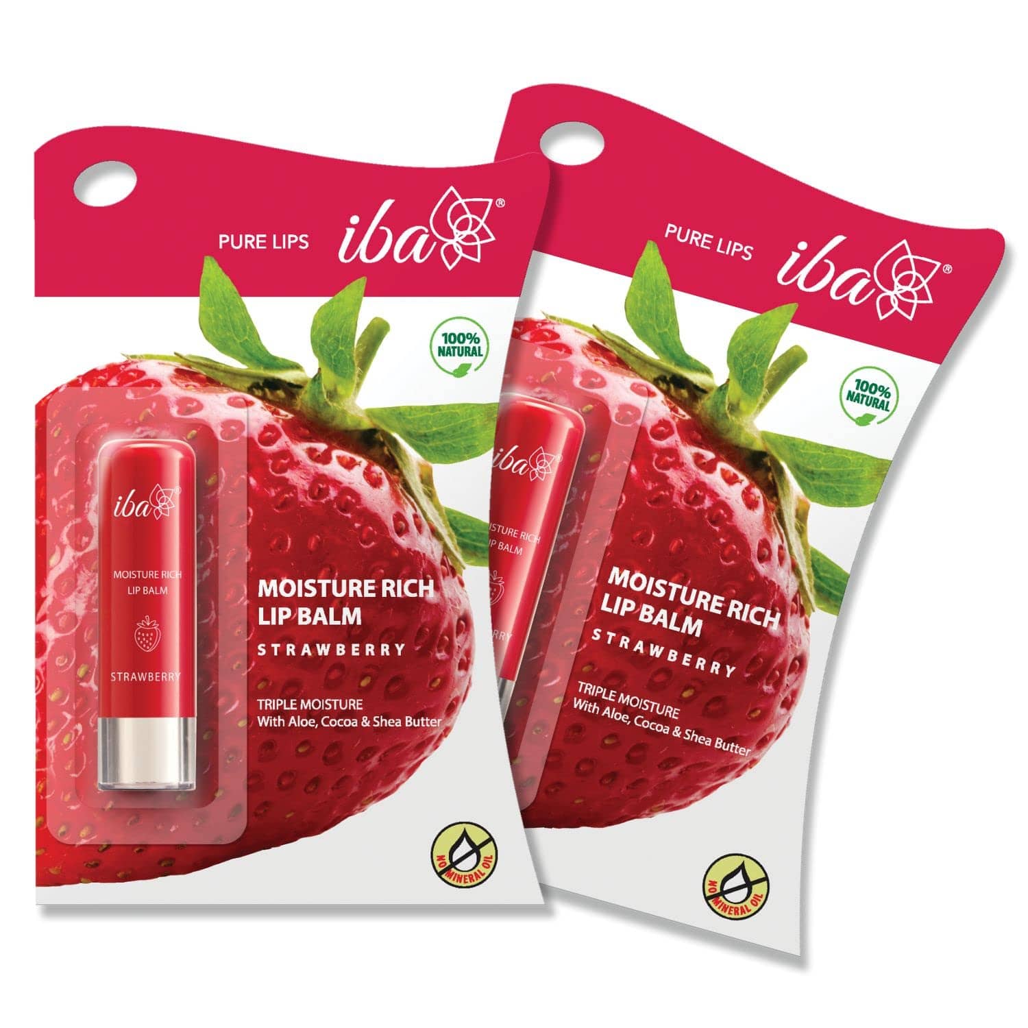 Iba Moisture Rich Lip Balm - Strawberry, 4.5g For Dry Damaged and Chapped Lips, (Pack of 2)