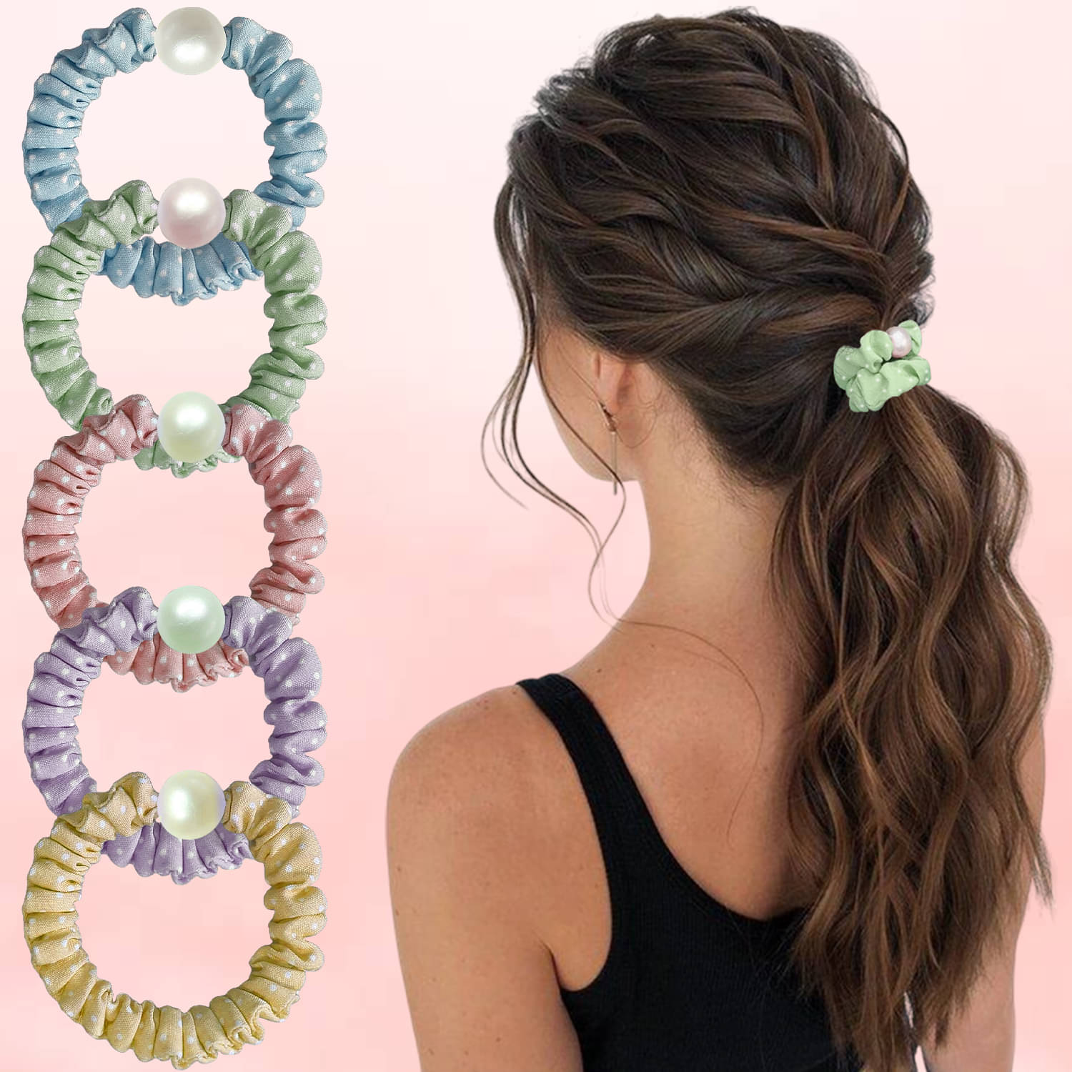     			Cotton Pearl Scrunchies, Rubber Band-5Pc(Multi)