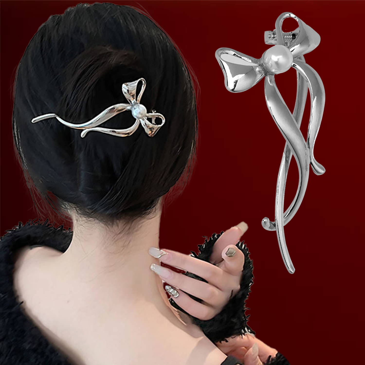     			Bow Banana Hair Clip Metal Rhinestone Hair Accessories-1Pc(Silver)