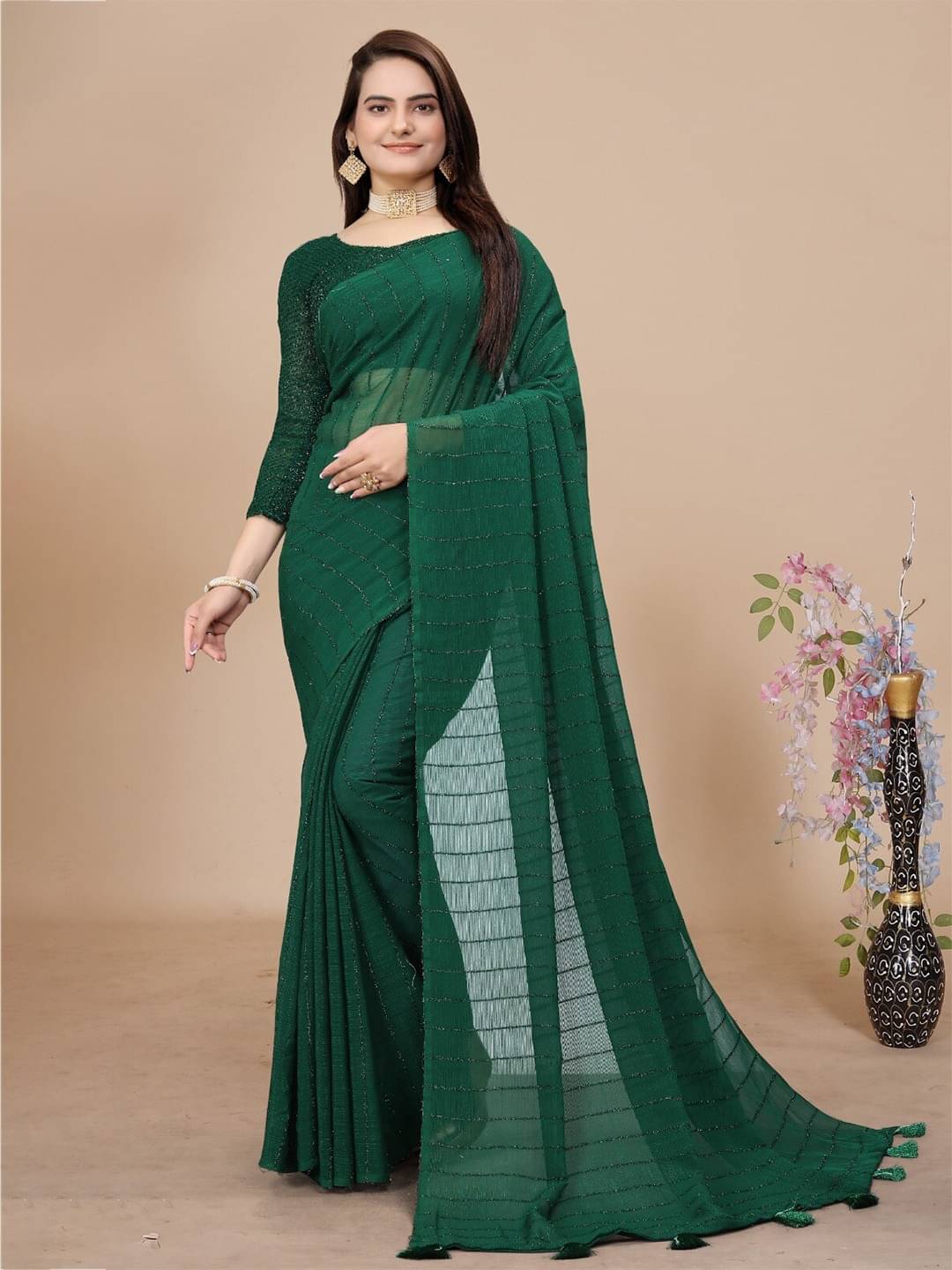     			Lady Shopi Chiffon Striped Saree With Unstitched Blouse Piece ( Green )