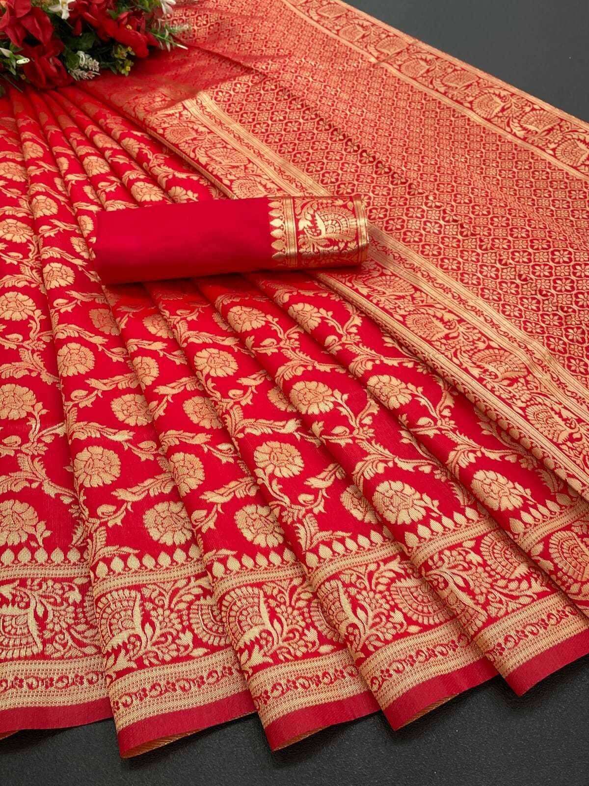     			Pheasant Banarasi Silk Embellished Saree With Unstitched Blouse Piece ( Red )