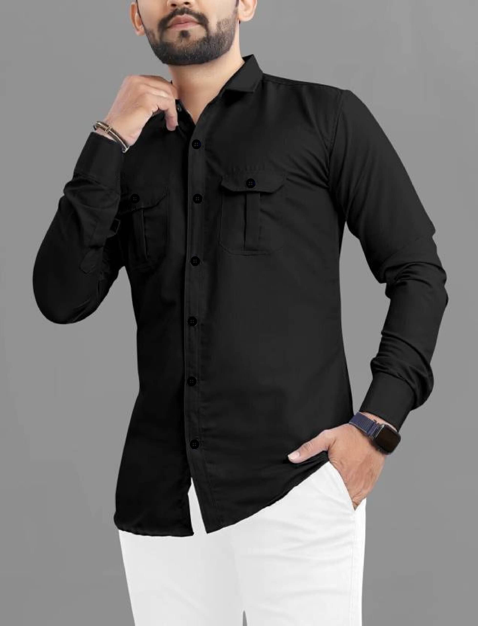Qurobri Cotton Blend Regular Fit Solids Full Sleeves Men's Casual Shirt - Black ( Pack of 1 )
