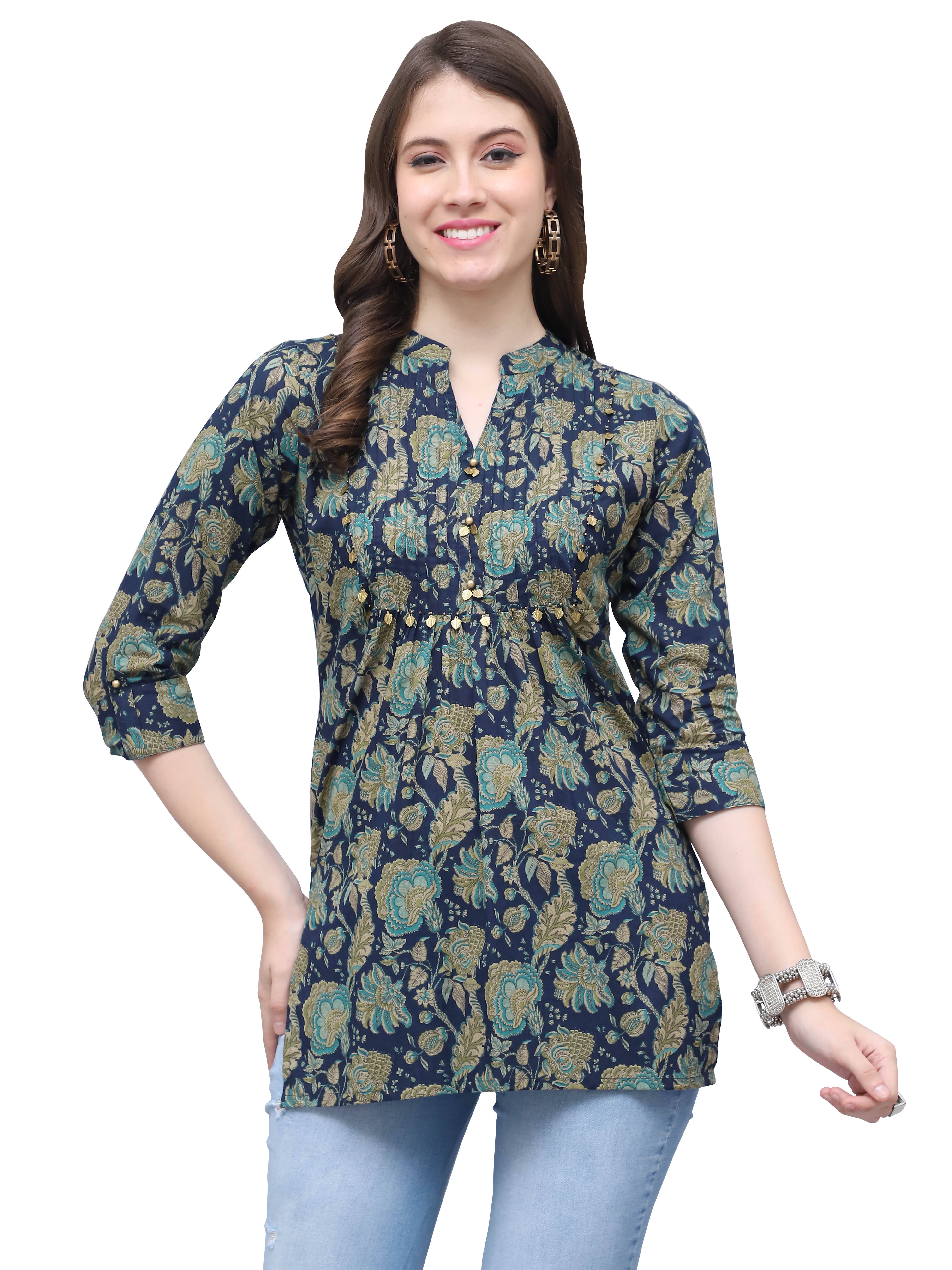 Rajnandini Pack of 1 Cotton Printed Straight Women's Kurti - ( Navy Blue ) Rajnandini Pack of 1 Cotton Printed Straight Women's Kurti - ( Navy Blue )