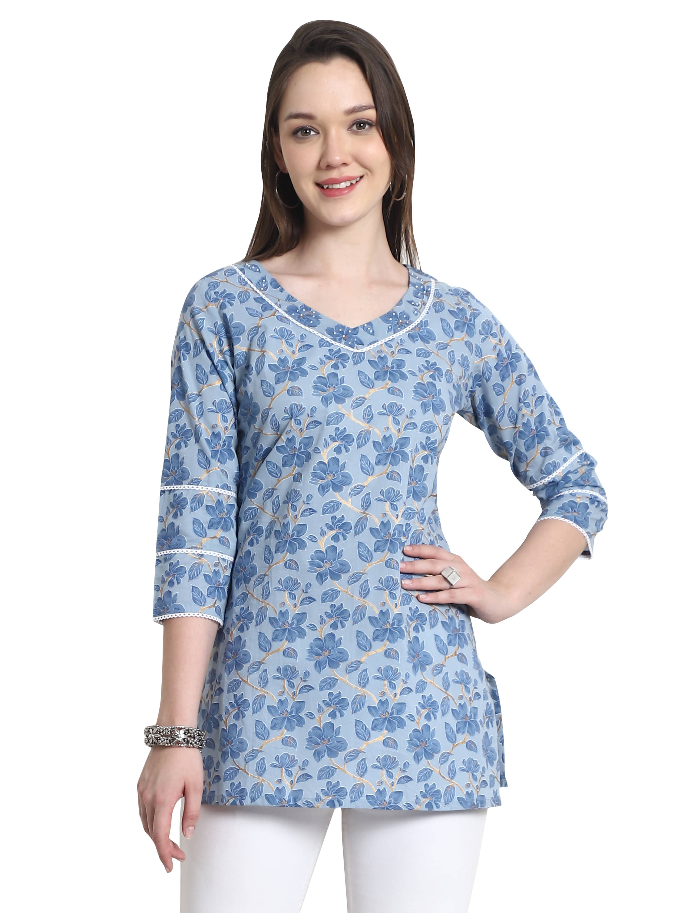 Rajnandini Pack of 1 Cotton Printed Straight Women's Kurti - ( Light Blue ) Rajnandini Pack of 1 Cotton Printed Straight Women's Kurti - ( Light Blue )