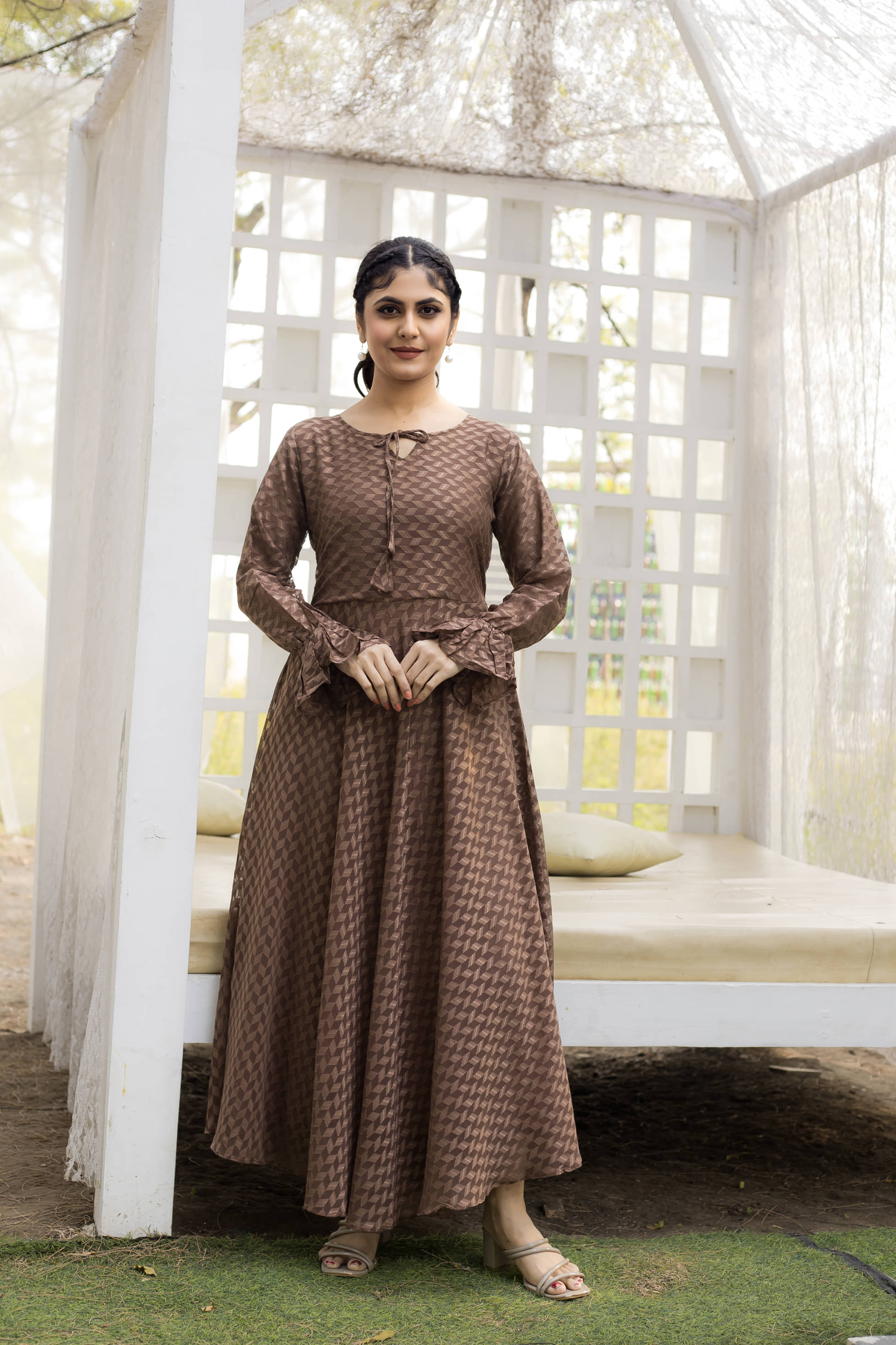     			SARINKU Coffee Flared Georgette Women's Stitched Ethnic Gown ( Pack of 1 )