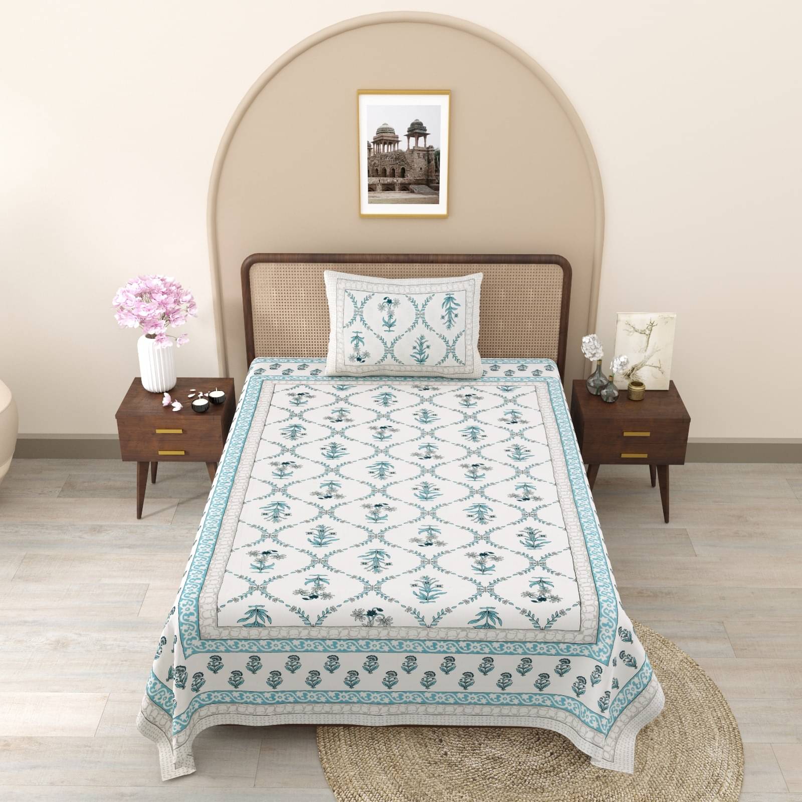     			Shubastik Cotton 1 Single Bedsheet with 1 Pillow Cover ( Blue )