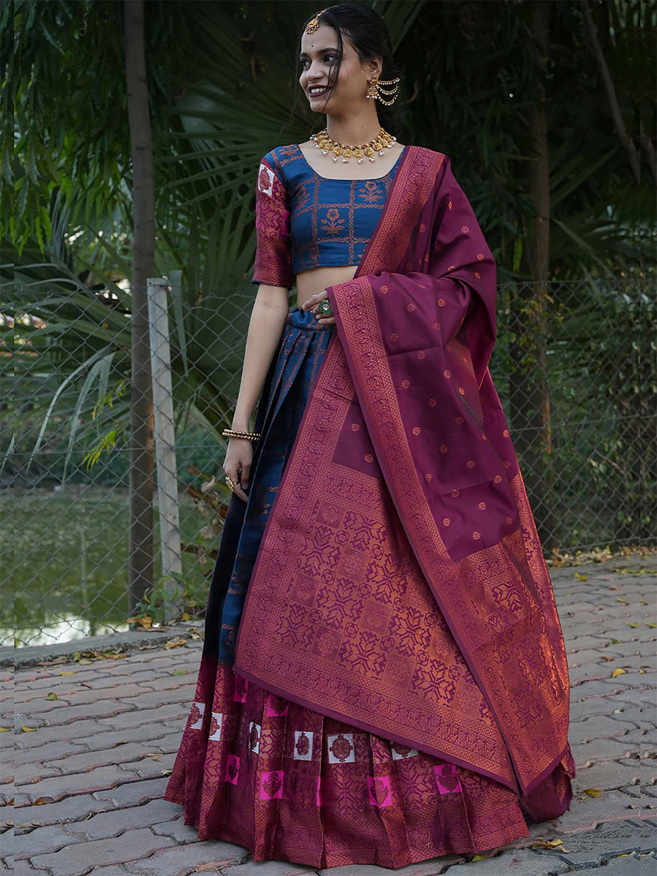 Trijal Fab Blue Jacquard Circular Semi Stitched Lehenga Single Trijal Fab Blue Jacquard Circular Semi Stitched Lehenga Single