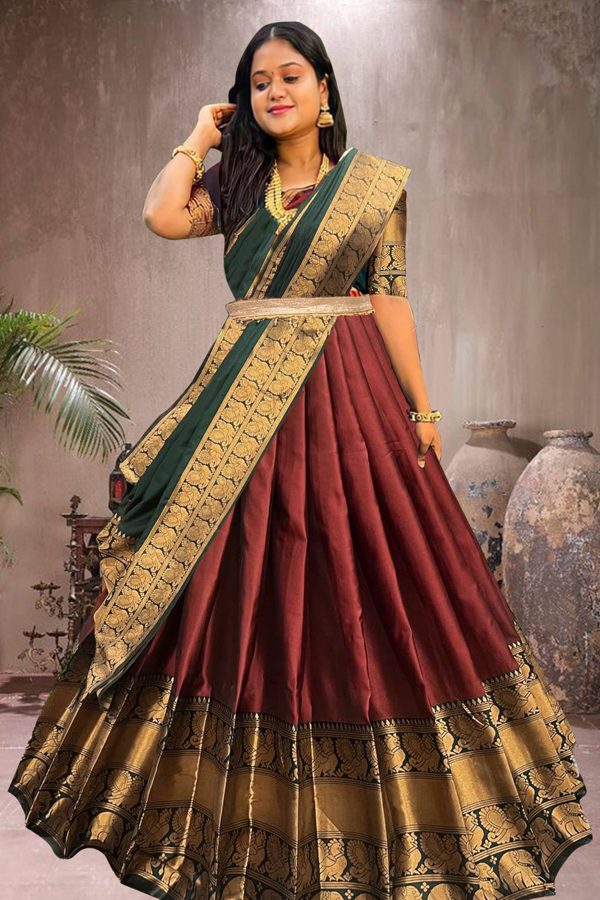 Trijal Fab Maroon Jacquard Circular Semi Stitched Lehenga Single     			Trijal Fab Maroon Jacquard Circular Semi Stitched Lehenga Single