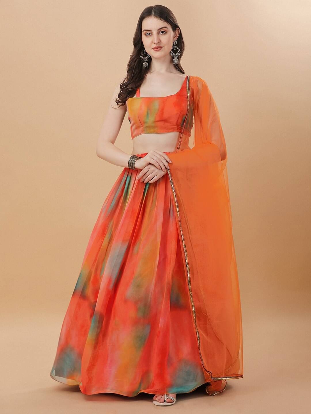     			Trijal Fab Orange Georgette Circular Semi Stitched Lehenga Single