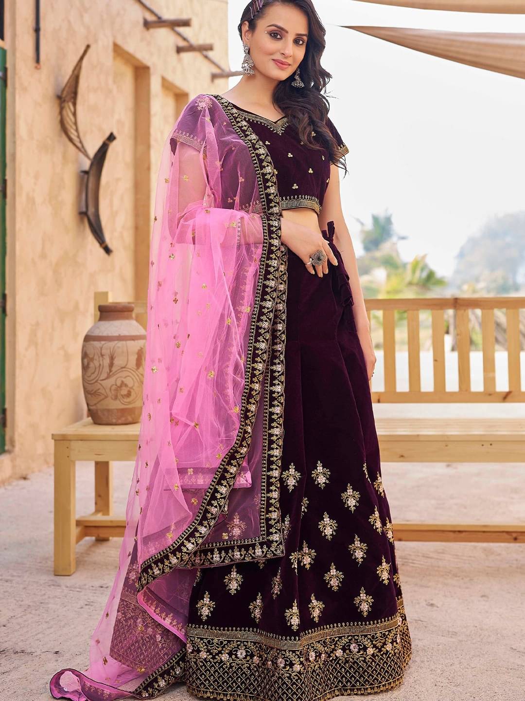     			Trijal Fab Purple Velvet Circular Semi Stitched Lehenga Single