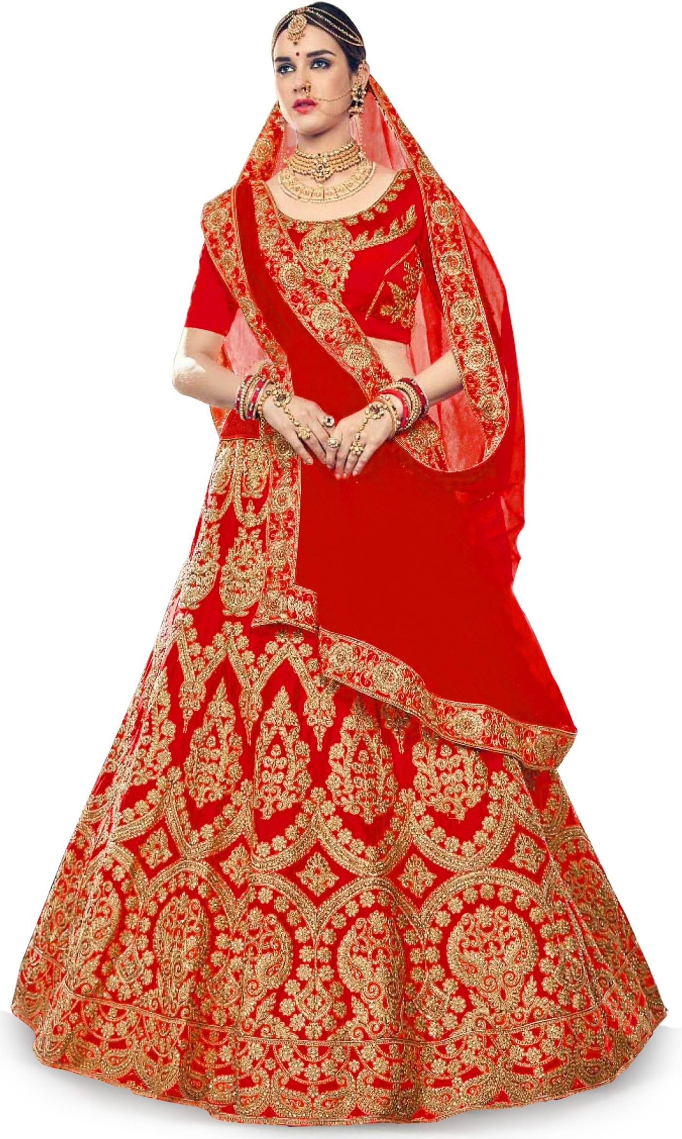     			Trijal Fab Red Silk Circular Semi Stitched Lehenga Single