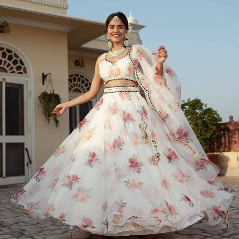 Trijal Fab White Organza Circular Semi Stitched Lehenga Single Trijal Fab White Organza Circular Semi Stitched Lehenga Single