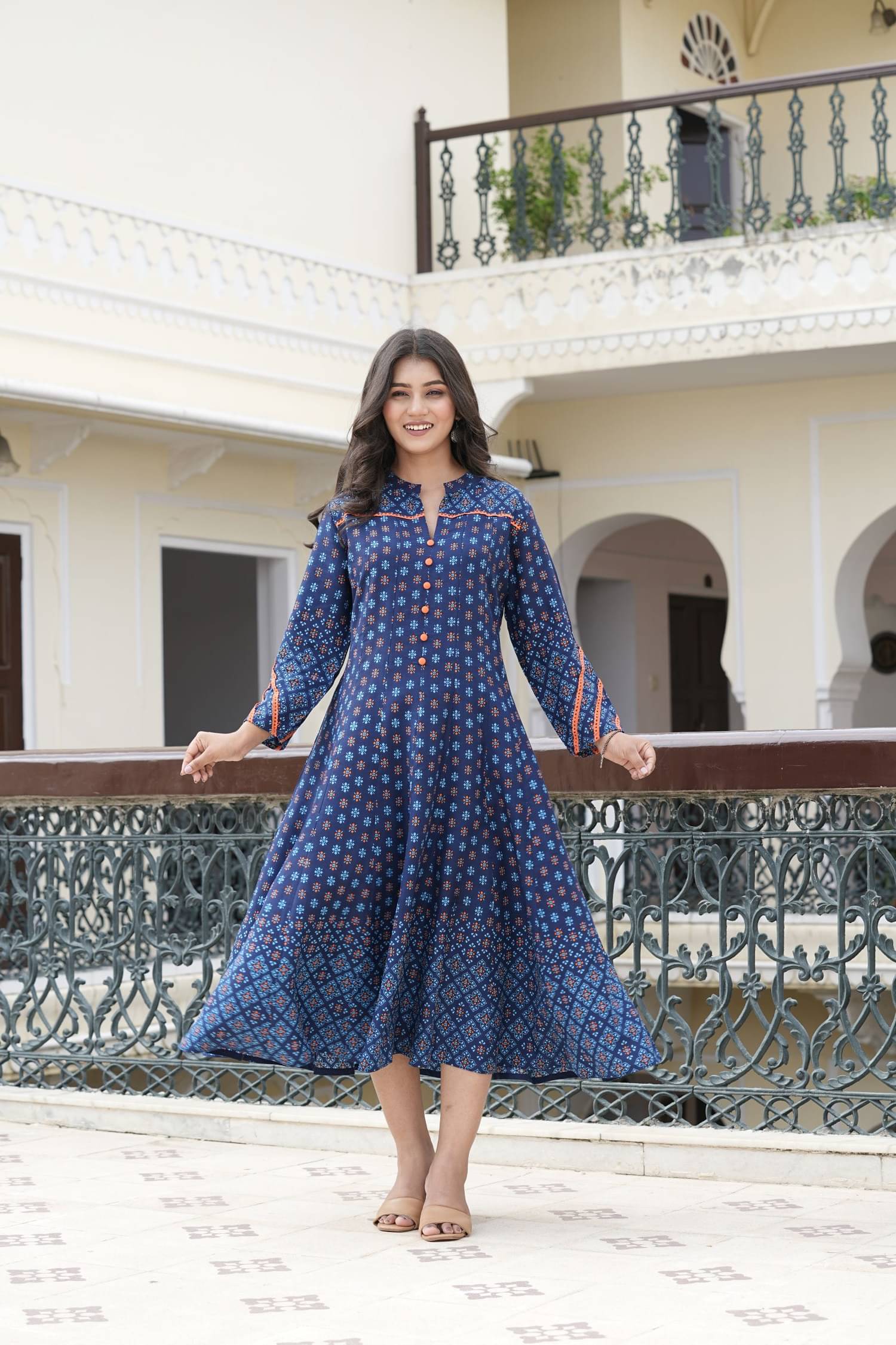 Yash Gallery Pack of 1 Rayon Printed Anarkali Women's Kurti - ( Blue ) Yash Gallery Pack of 1 Rayon Printed Anarkali Women's Kurti - ( Blue )