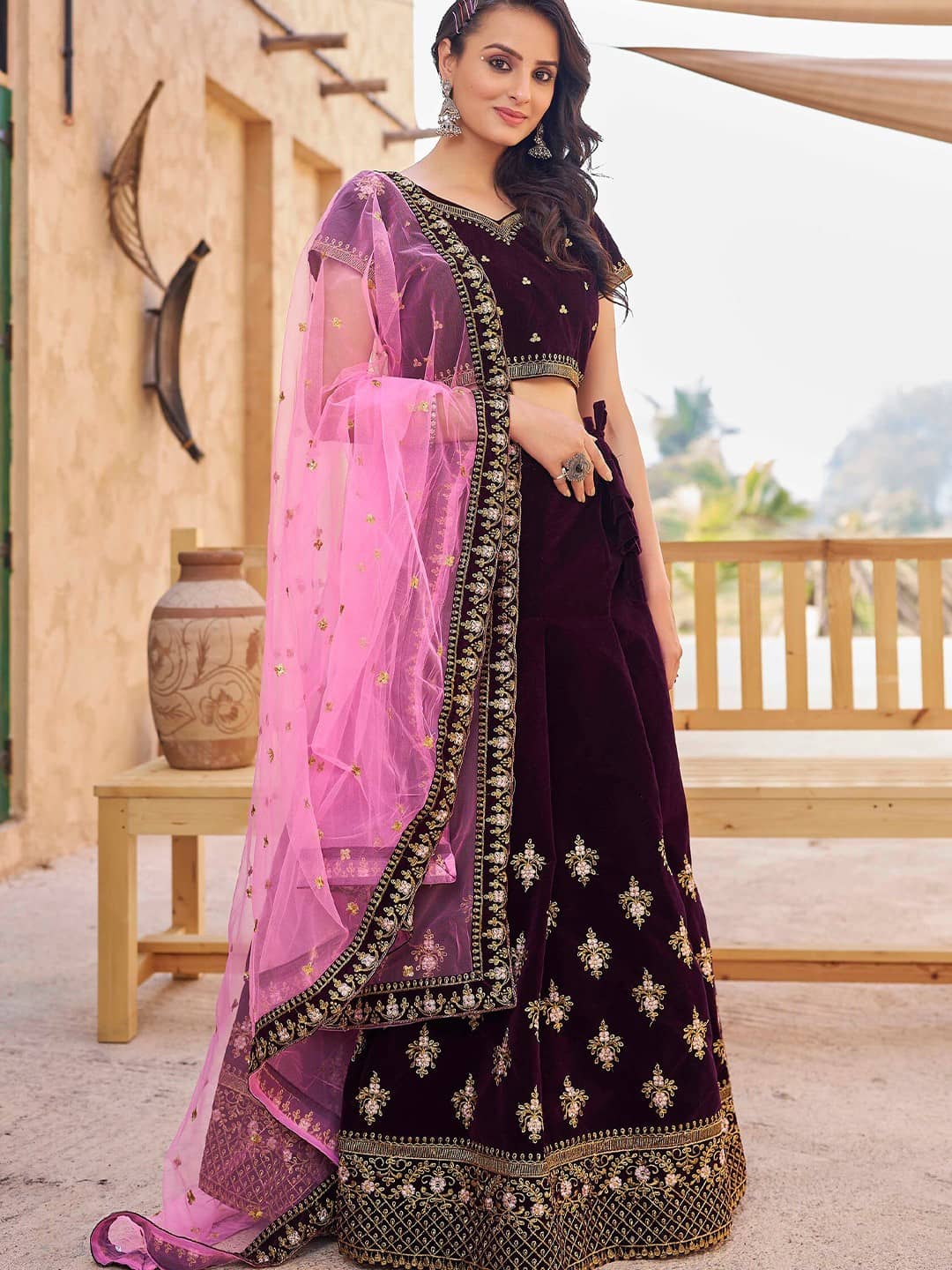 kedar fab Purple Velvet Circular Semi Stitched Lehenga Single
