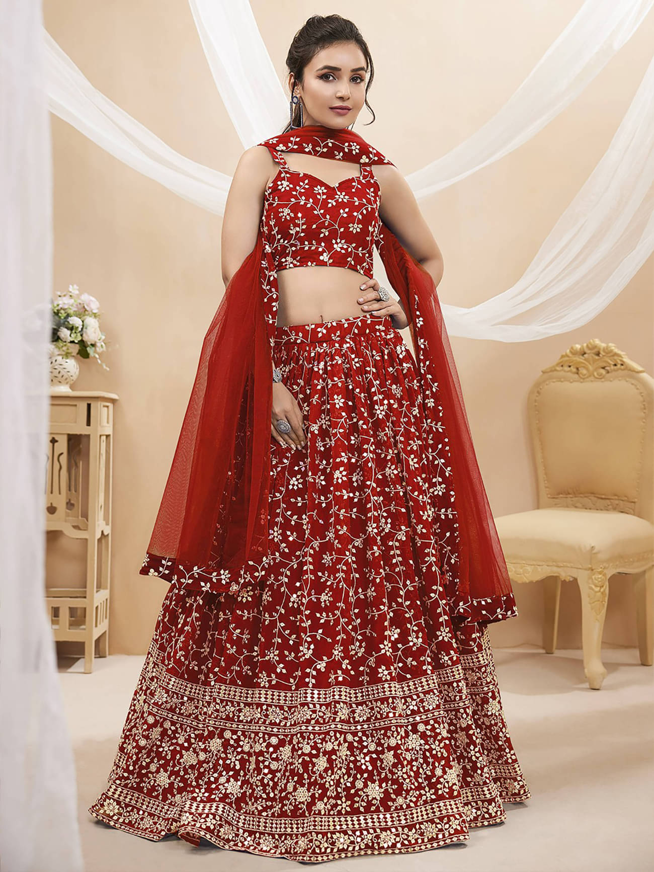    			kedar fab Red Georgette Circular Semi Stitched Lehenga Single